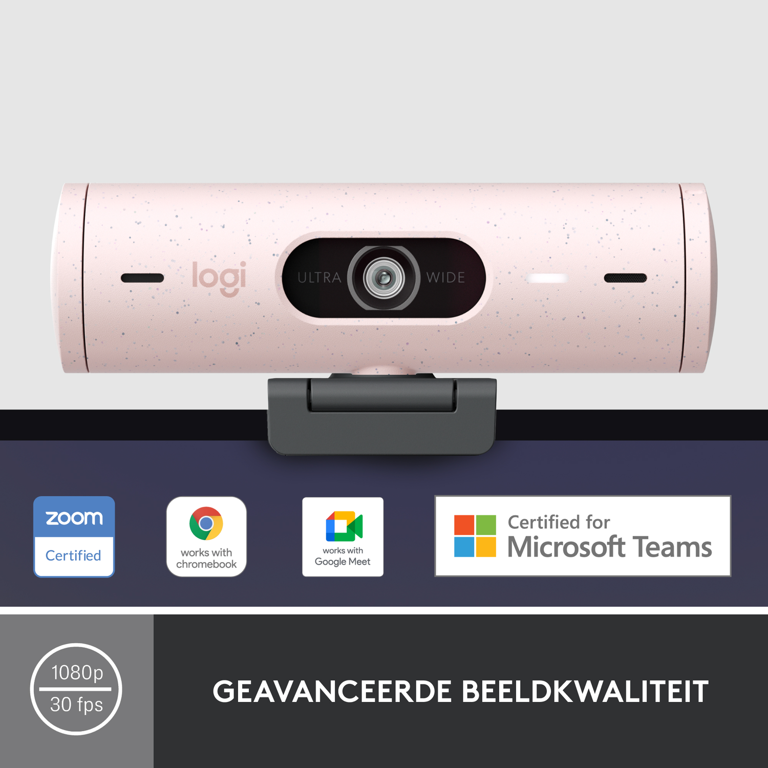 A pink webcam with the word logi on it. It has zoom certified and meets google meet standards.