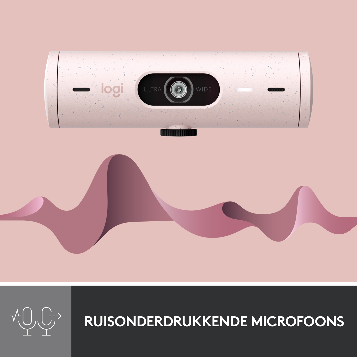 A pink-colored webcam with a microphone icon at the bottom, set against a pink background.