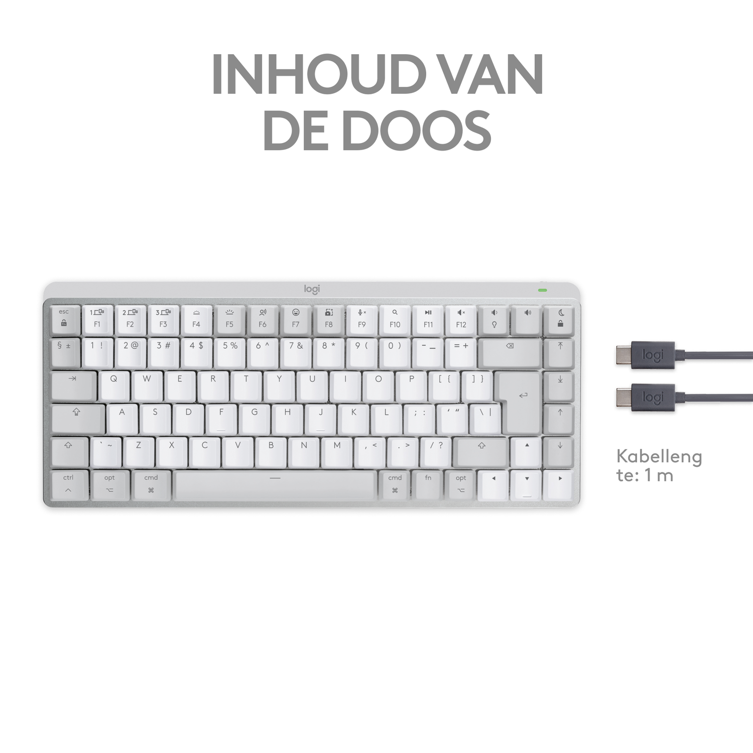A white keyboard with a small form factor and a USB cable. The keyboard has white keys.