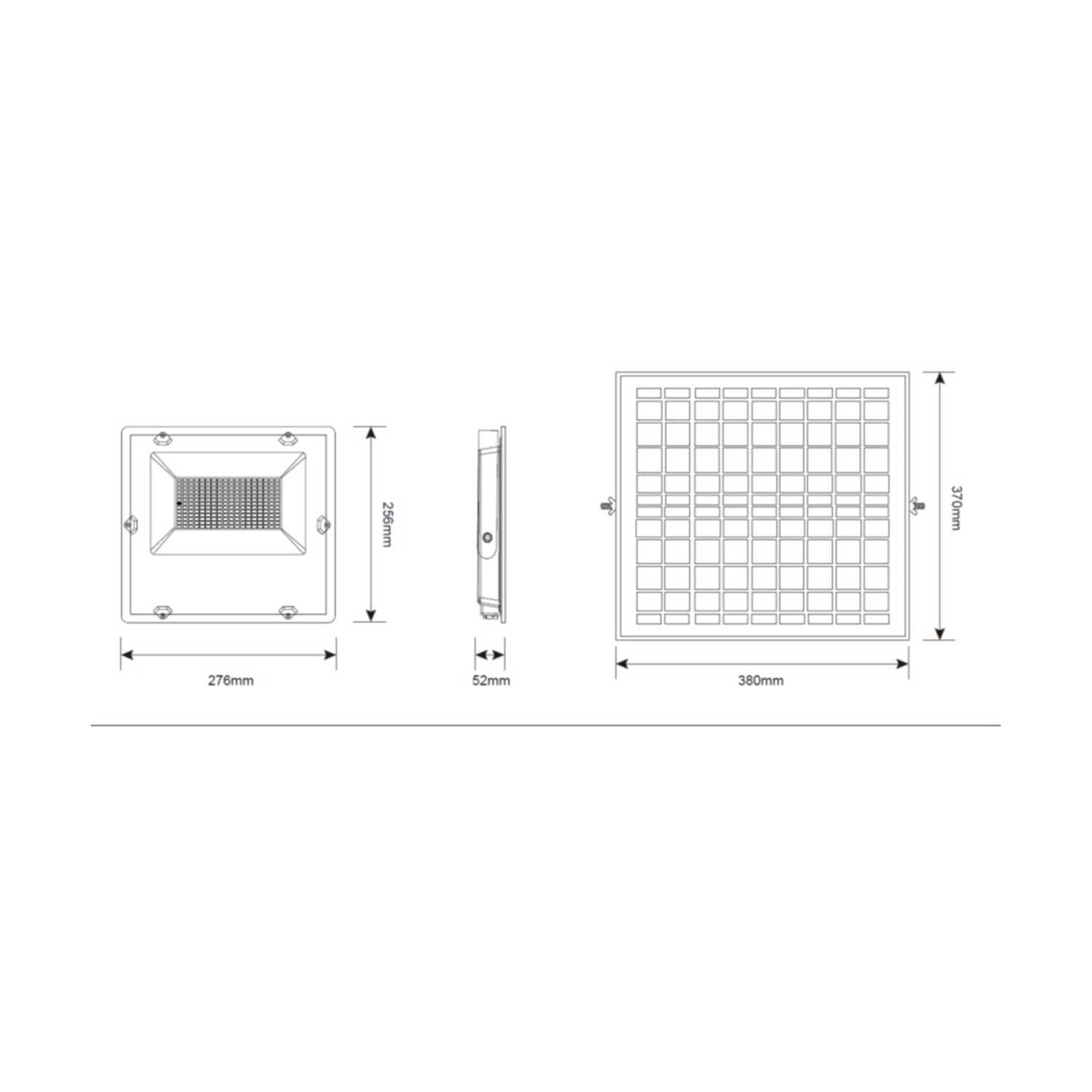 Un diagramma con le dimensioni di un apparecchio di illuminazione quadrato, che mostra le misure in millimetri.