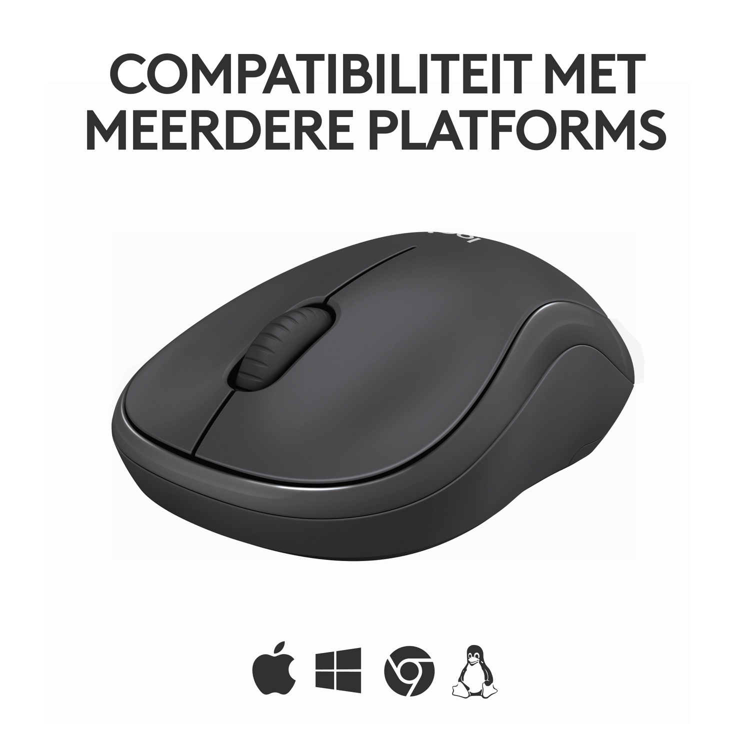 Zwarte muis met pictogrammen voor Apple, Windows, Chrome en Linux. Tekst: COMPATIBILITEIT MET MEERDERE PLATFORMS.