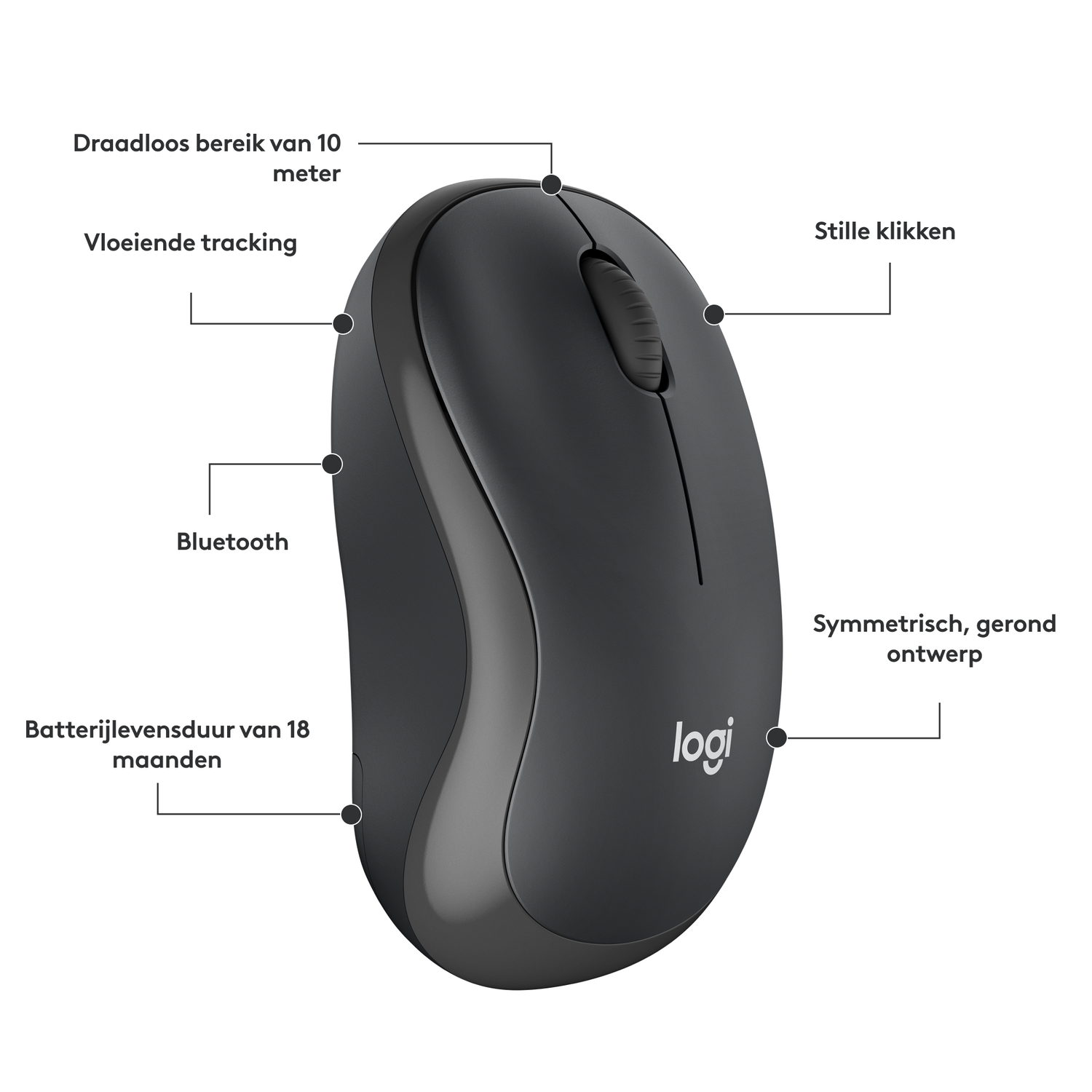 Een zwarte muis met labels voor Bluetooth, batterijduur en scrollen wordt getoond op een witte achtergrond.