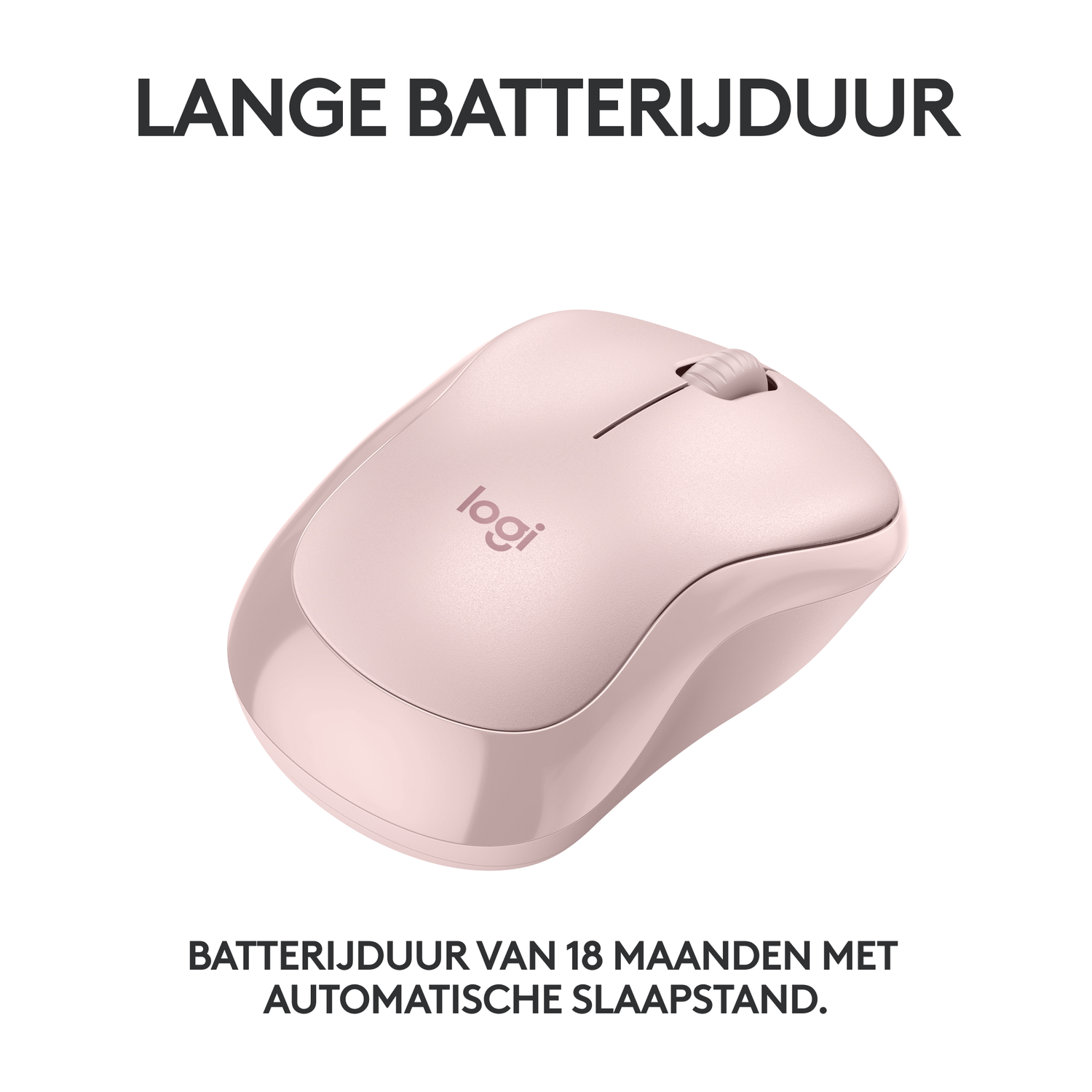 Roze draadloze muis. De tekst benadrukt lange batterijduur met automatische slaapstand.