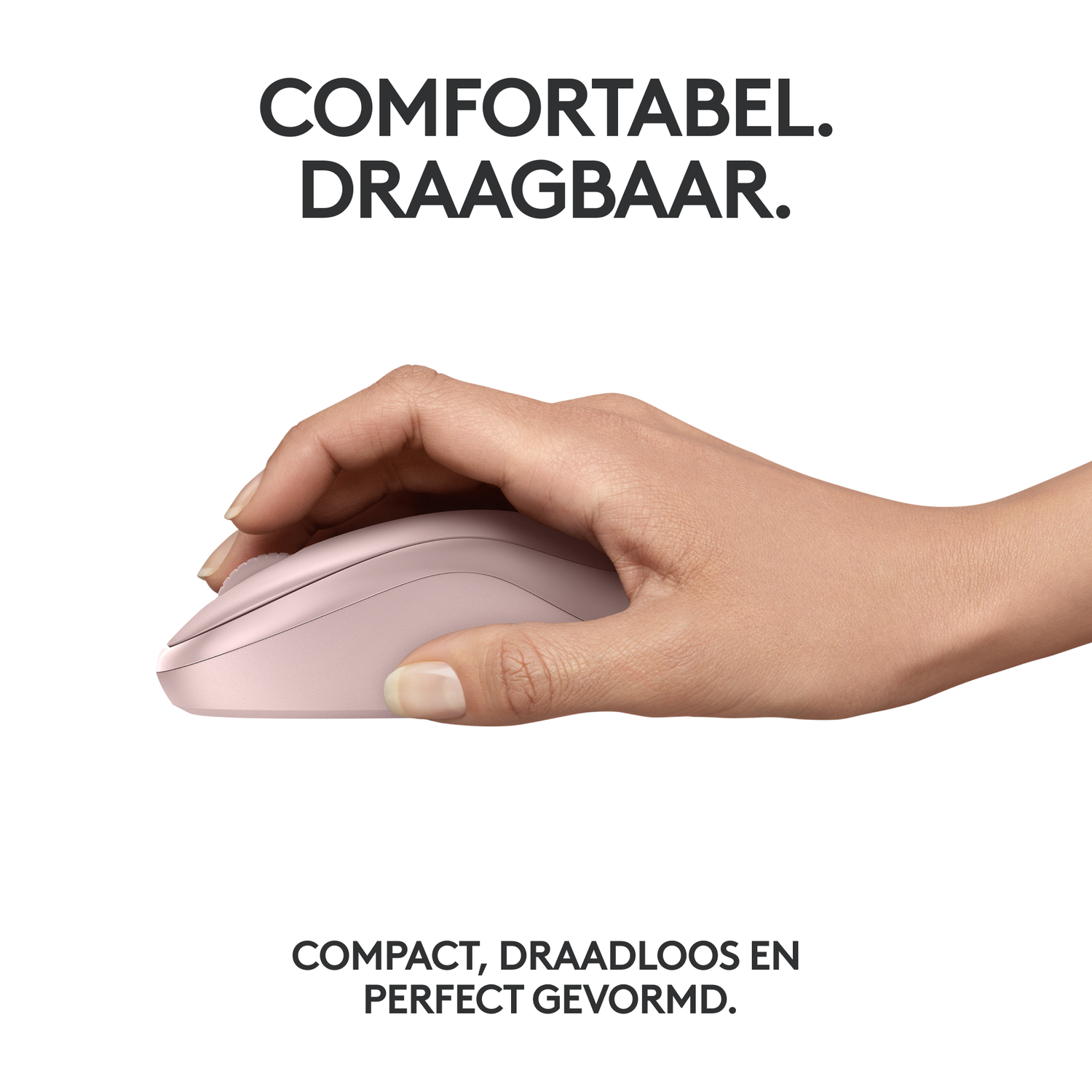 Een hand die een roze draadloze muis vasthoudt. Tekst zegt: Compact, draadloos en perfect gevormd.