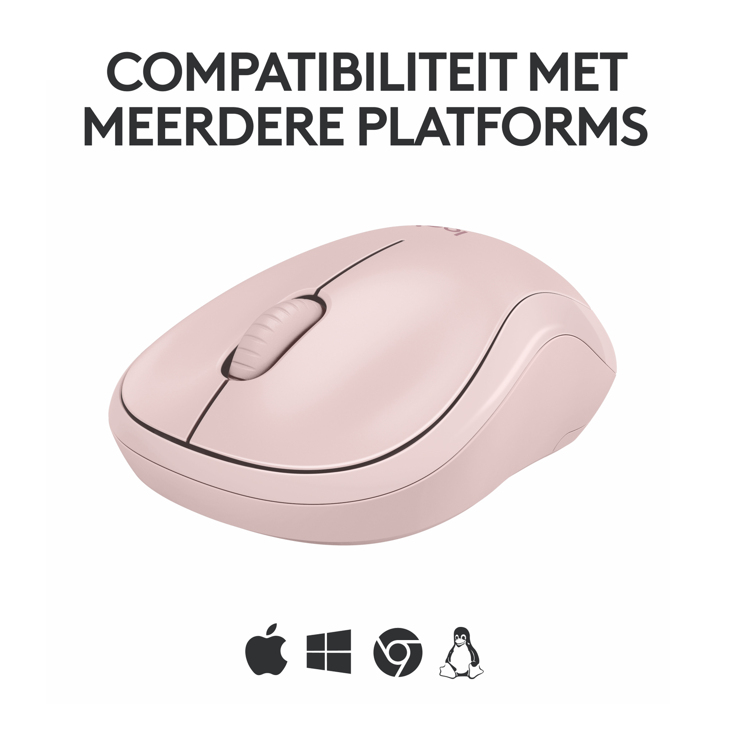 Een roze computermuis met een scrollwiel. De achtergrond bevat platformpictogrammen.
