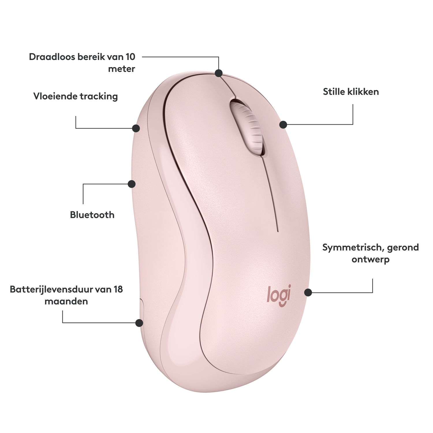 Roze draadloze muis, met labels die de functies aangeven: Bluetooth, batterijduur.