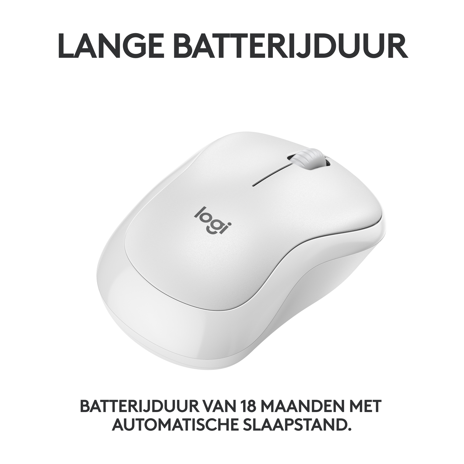 Witte draadloze muis met de tekst: Lange batterijduur, 18 maanden met automatische slaapstand.