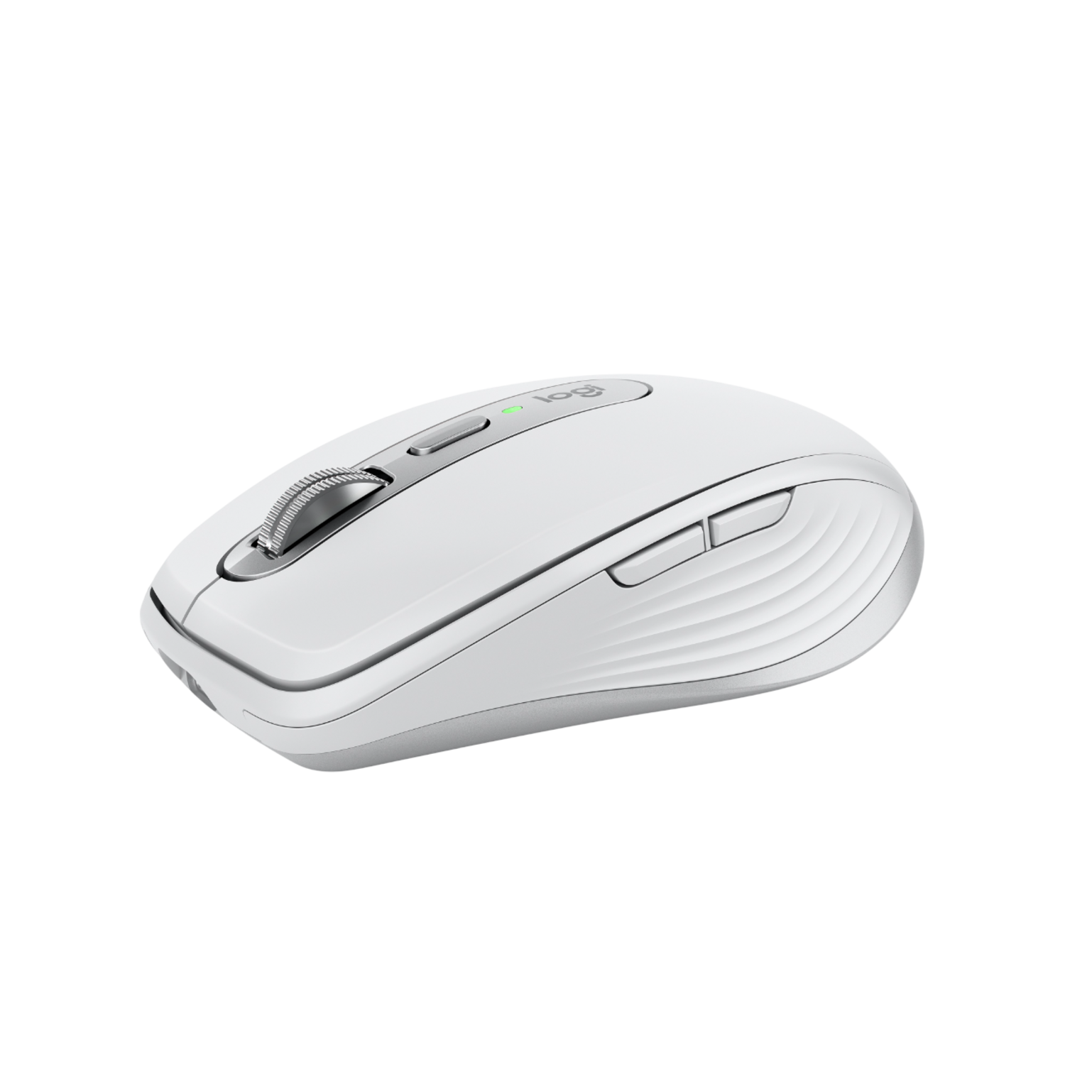 Witte Logitech muis met zilveren scrollwiel en twee knoppen.