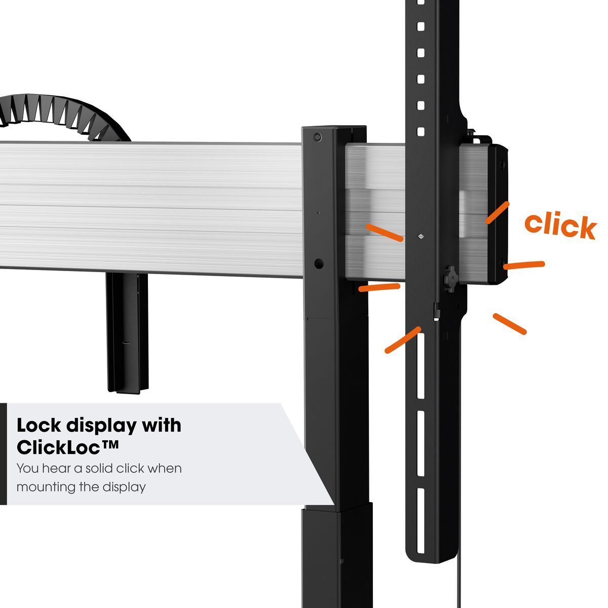 Eine Illustration eines Geräts mit dem Wort 'click' und Pfeilen, die einen Montageprozess anzeigen.