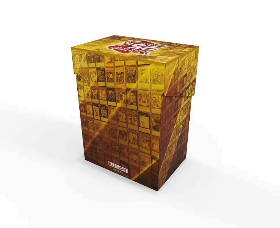 Goldfarbene Yu-Gi-Oh!-Sammelkartenbox mit zahlreichen sichtbaren Karten.