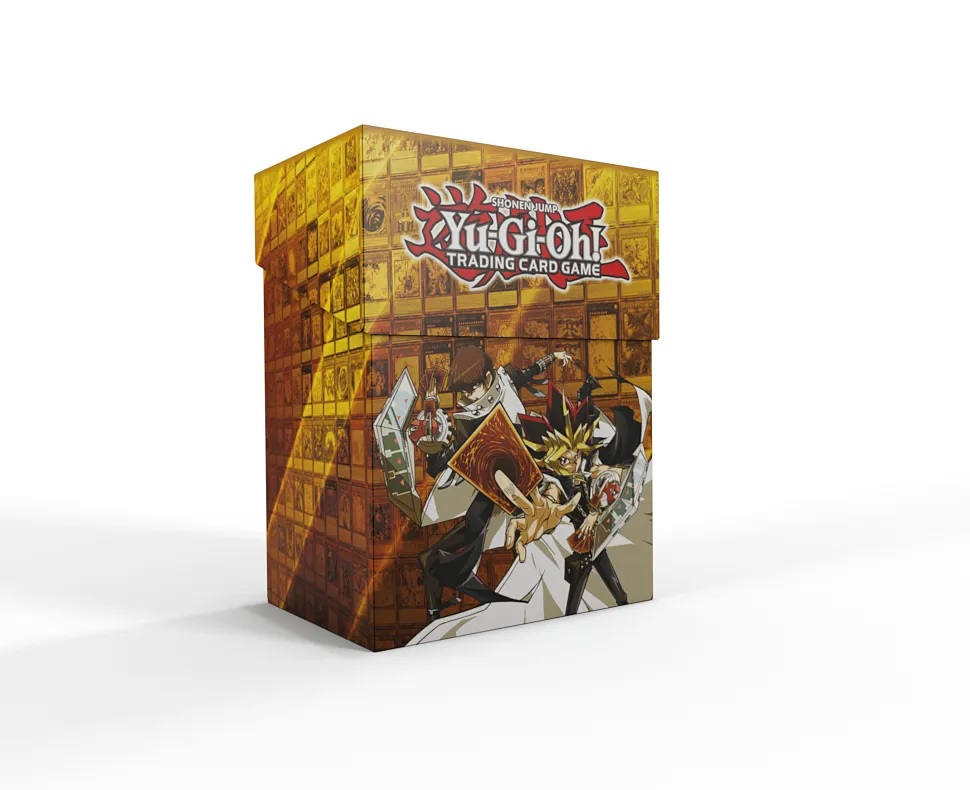 Yu-Gi-Oh!-Sammelkartenspielbox, mit Charakteren illustriert, auf weißem Hintergrund.