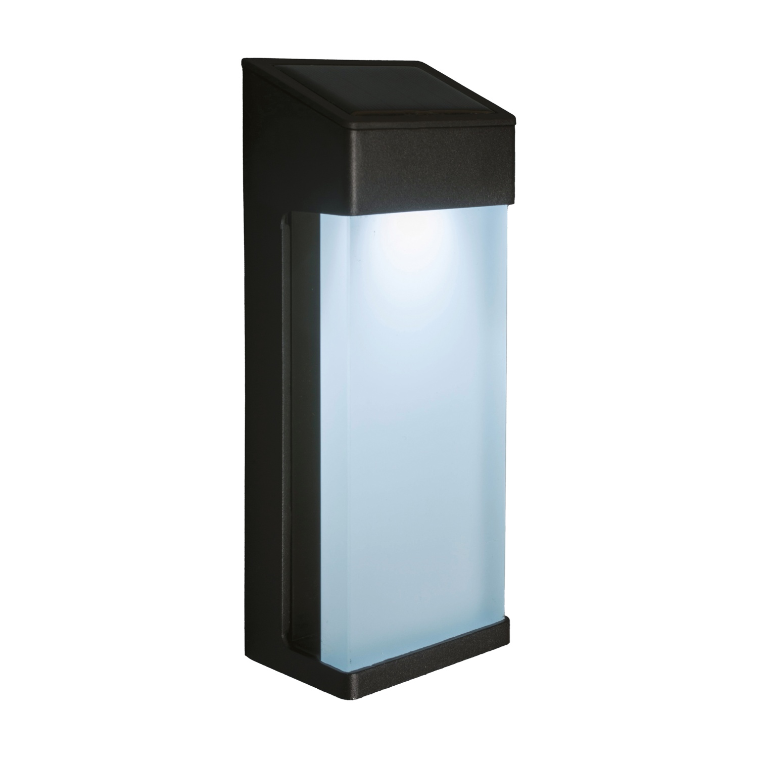 Luce LED solare per esterni rettangolare nera, montata su un muro.