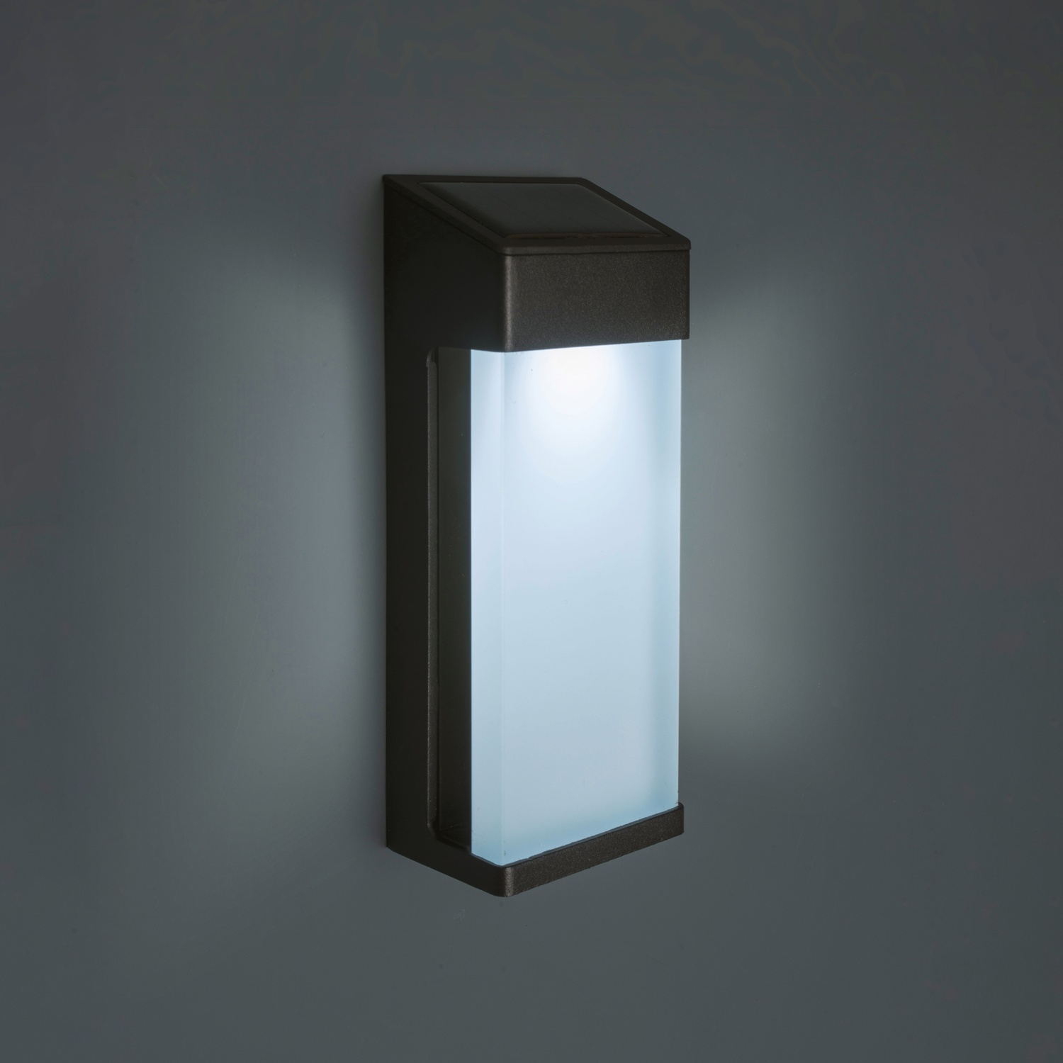 Lampada da parete per esterni nera. Forma rettangolare con luce emessa dal centro.