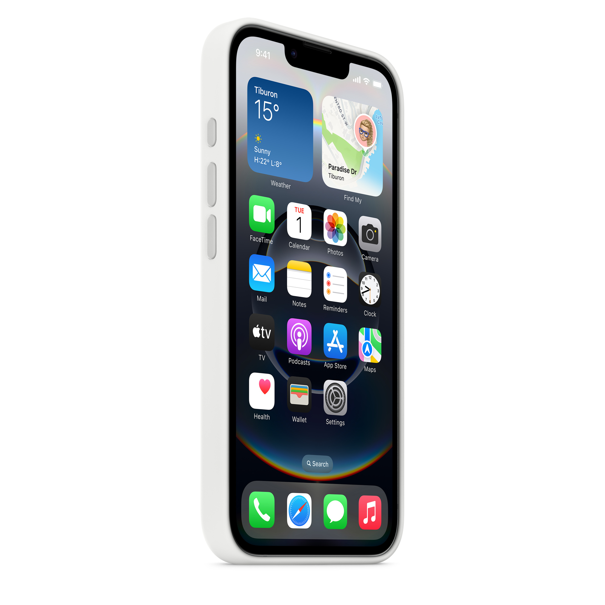 Egy fehér iPhone tokban, a telefon felületét mutatja.