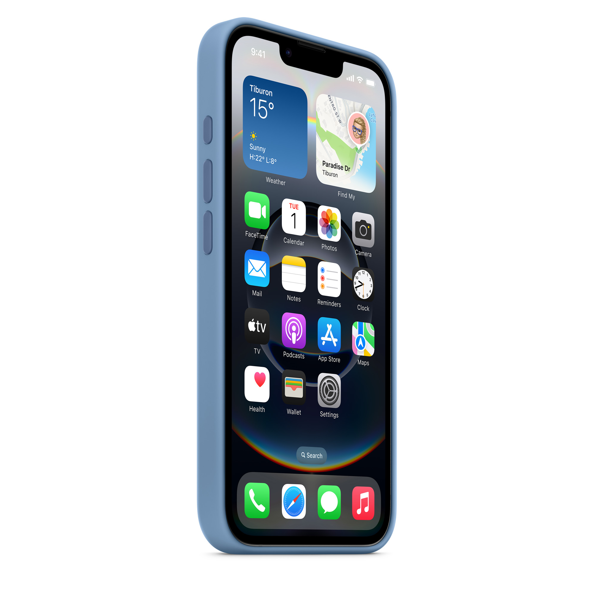 Kék tokos iPhone időjárási infókat és alkalmazásikonokat jelenít meg, fehér háttérrel.
