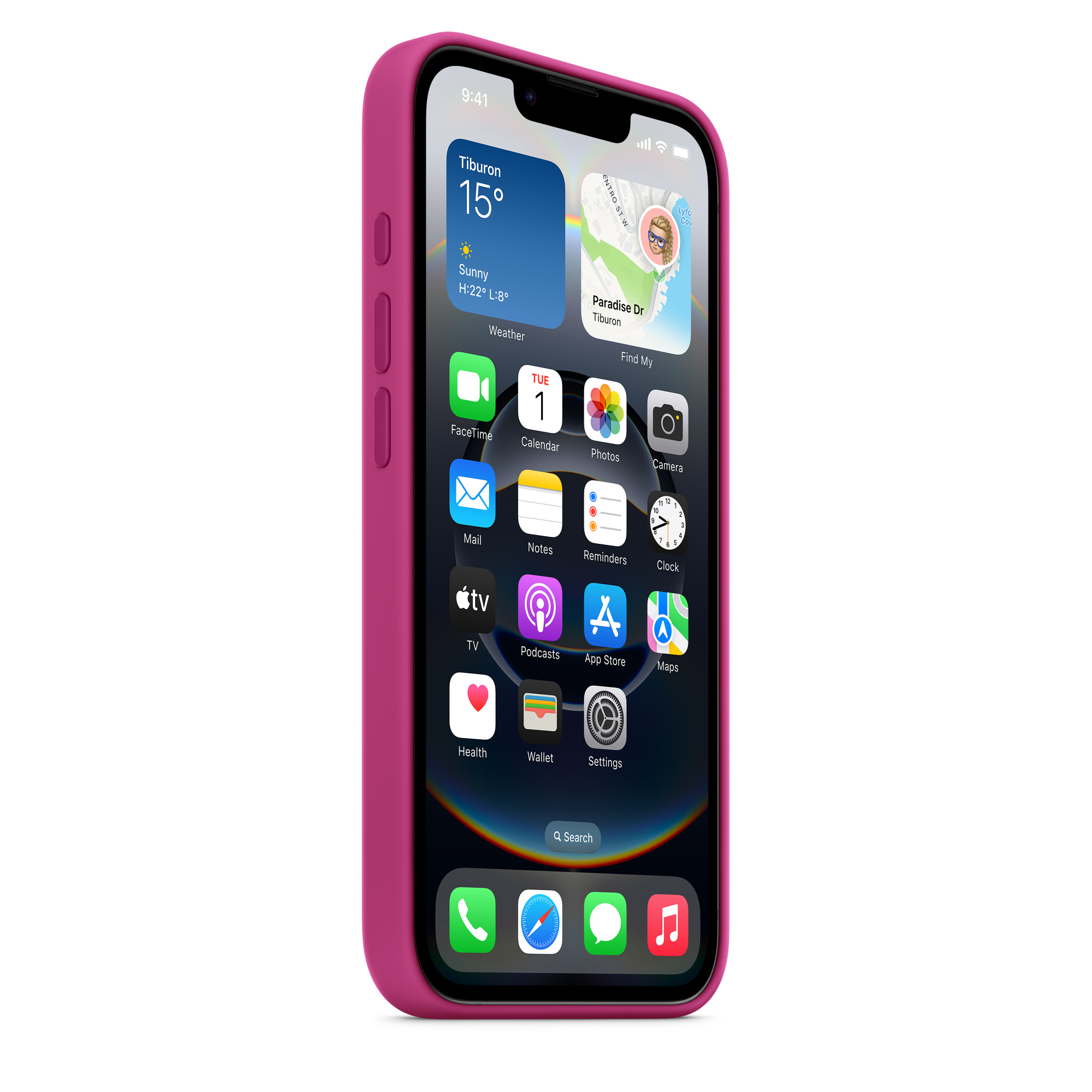 Egy iPhone rózsaszín tokban, amely a kezdőképernyőt mutatja alkalmazásikonokkal, fehér háttéren.