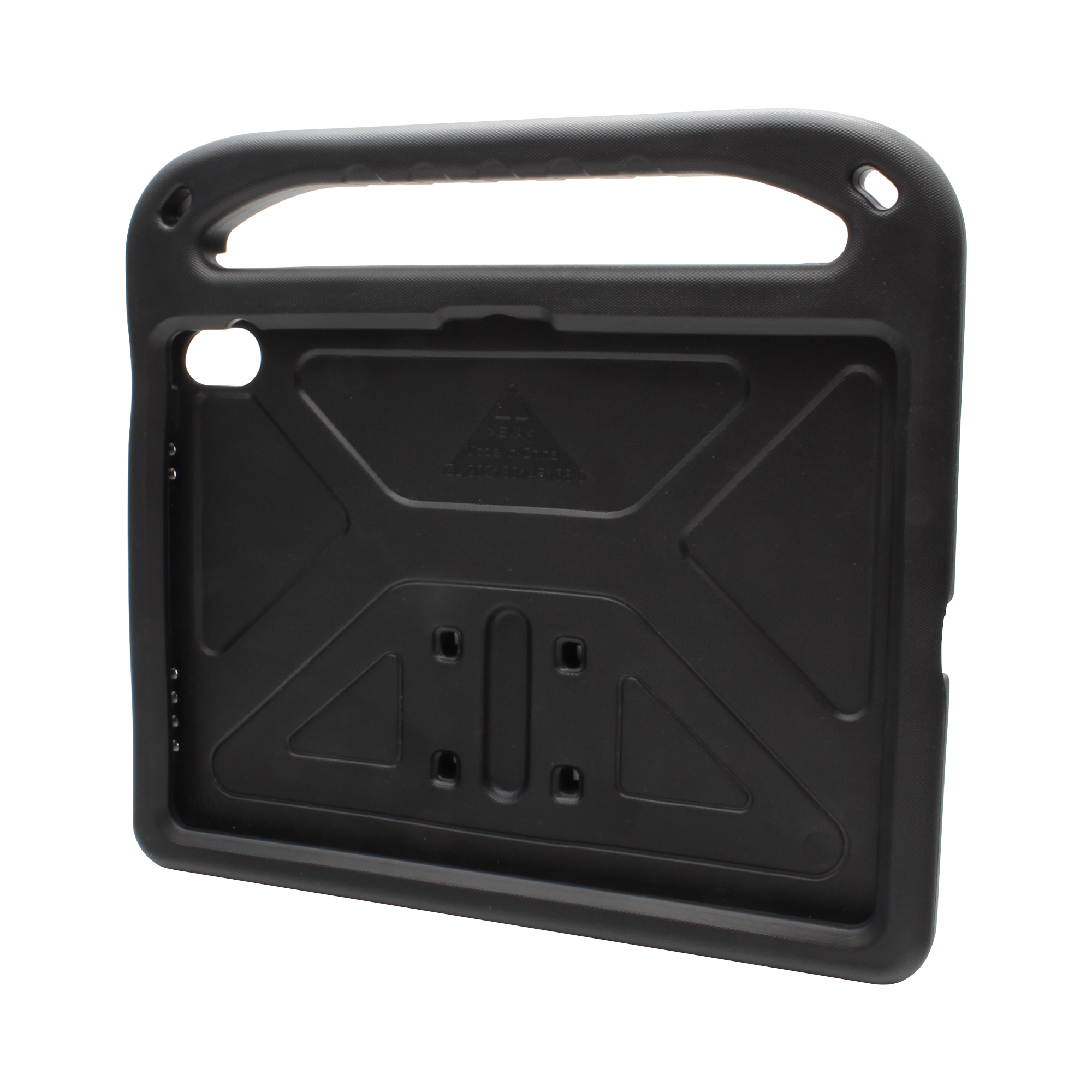 Schwarze iPad-Hülle mit Griff und Aussparungen für Tasten und Kamera.