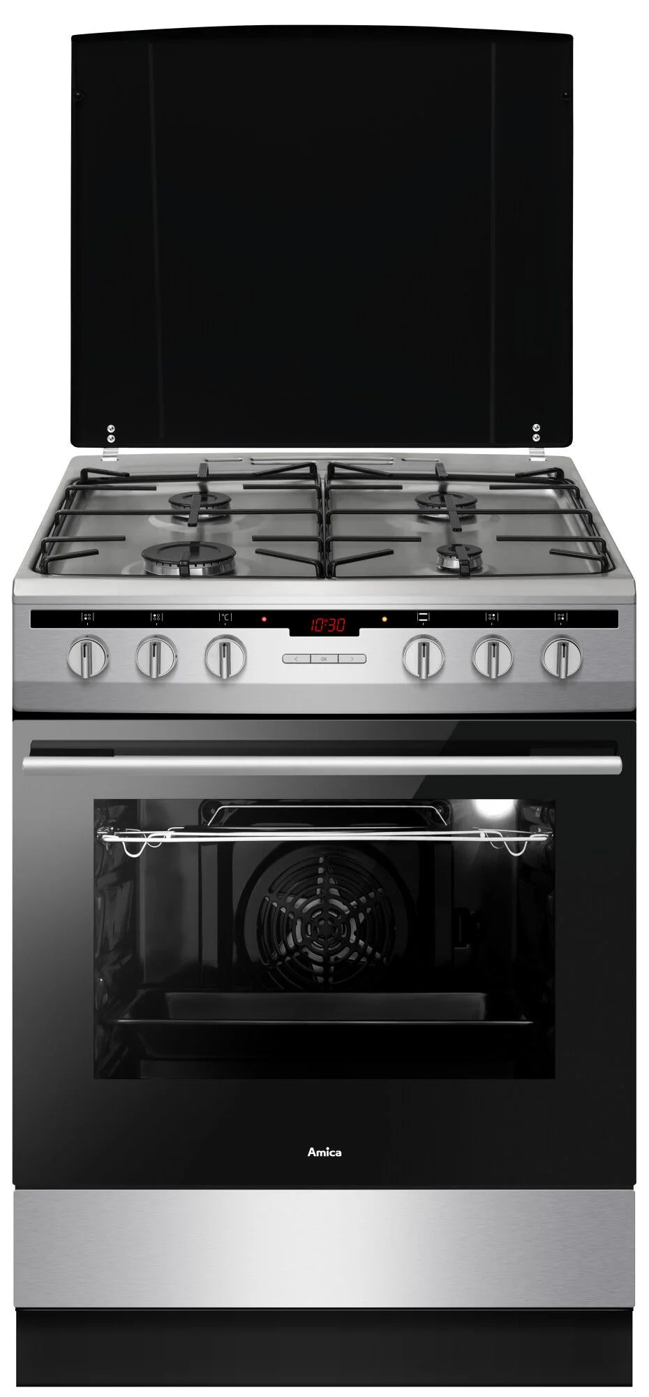 Srebrna kuchenka gazowa ze stali nierdzewnej z czterema palnikami i czarną szklaną pokrywą.