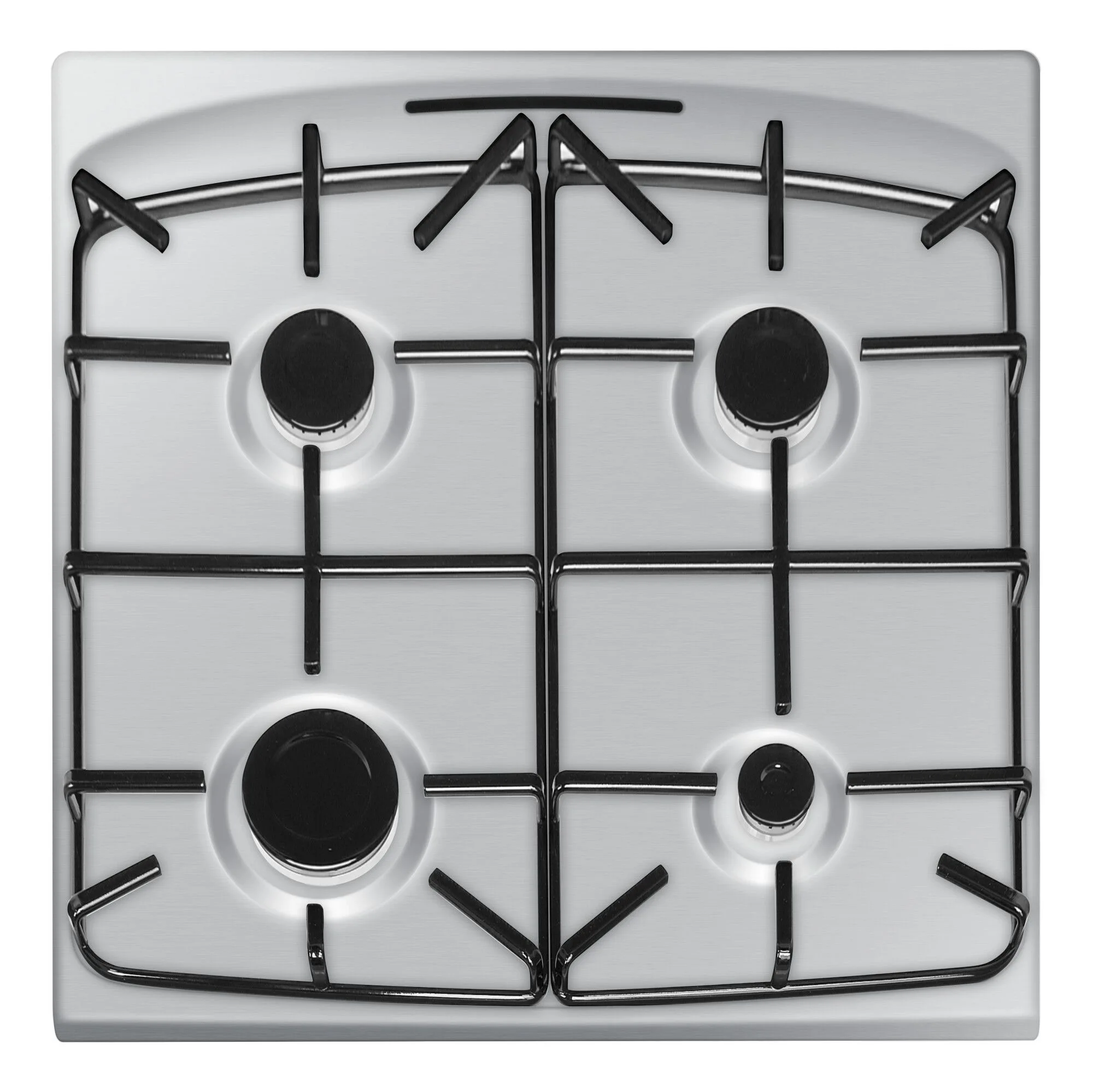 Biała kuchenka gazowa z czterema palnikami, czarnymi rusztami i czarnymi nakładkami.