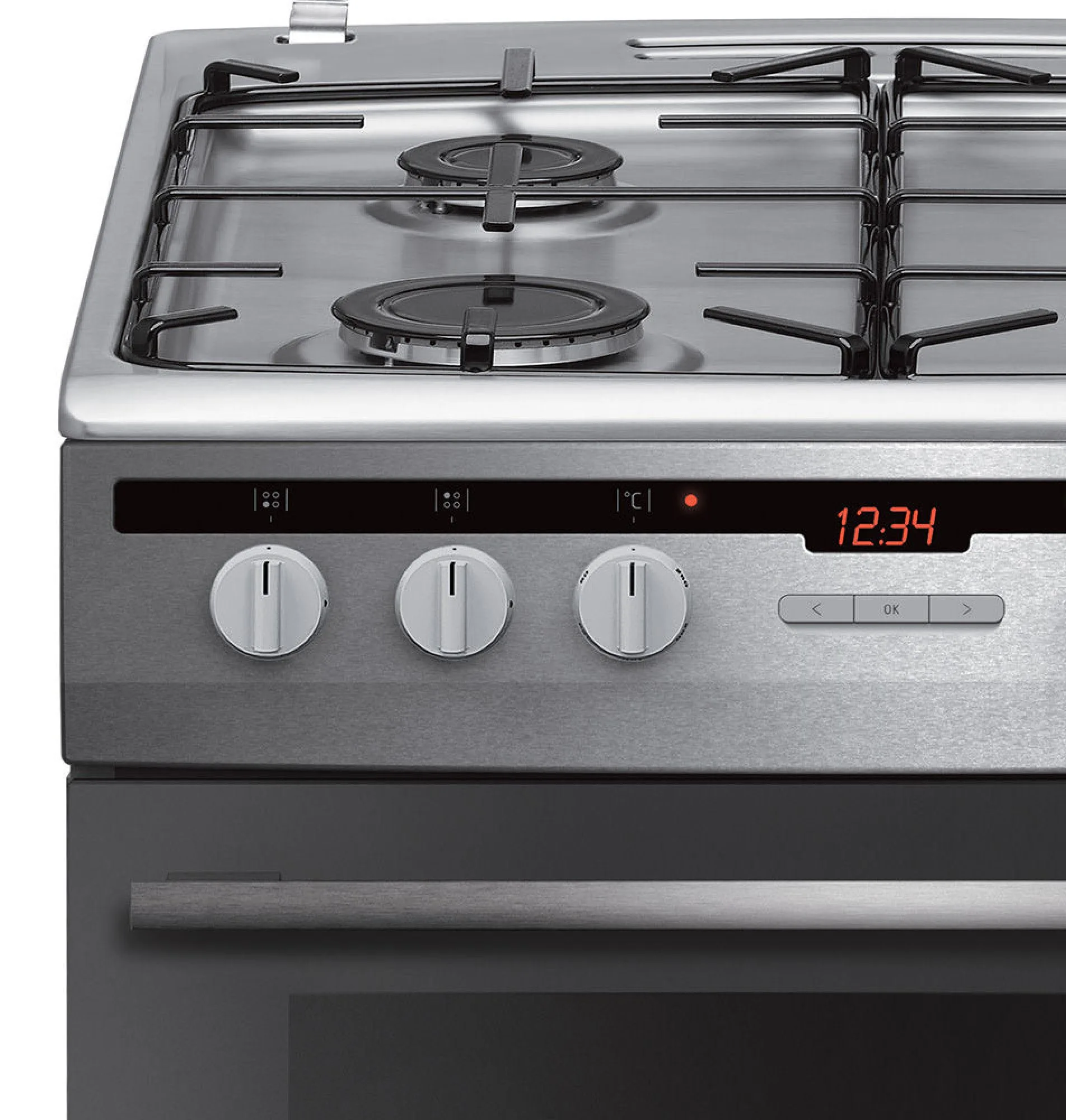 Panel sterowania piekarnika ze stali nierdzewnej z pokrętłami i cyfrowym zegarem wyświetlającym 12:34.