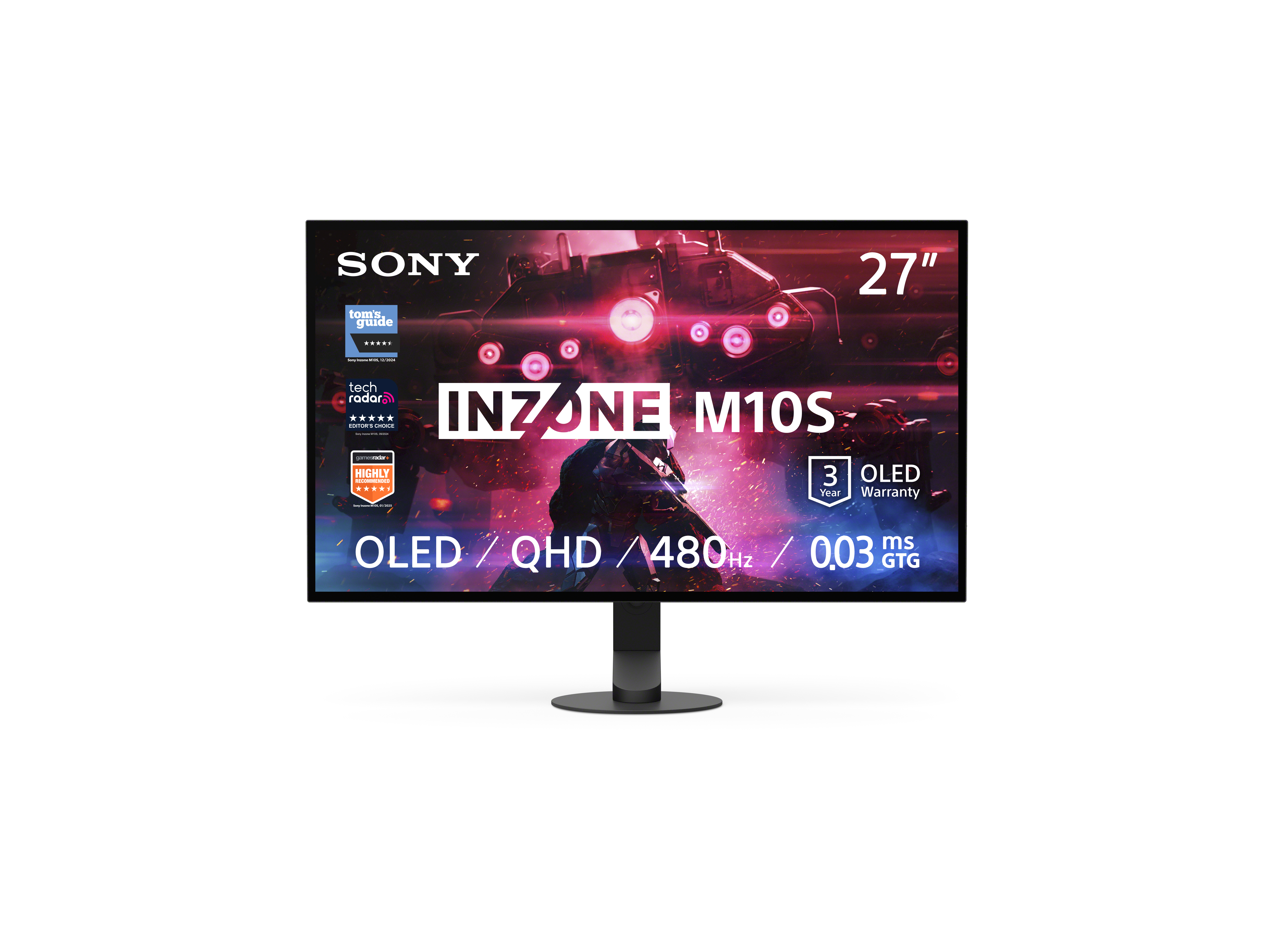 27-Zoll-Sony Inzone M10S Monitor. Schwarzer Ständer, OLED-Display, weißer Hintergrund.