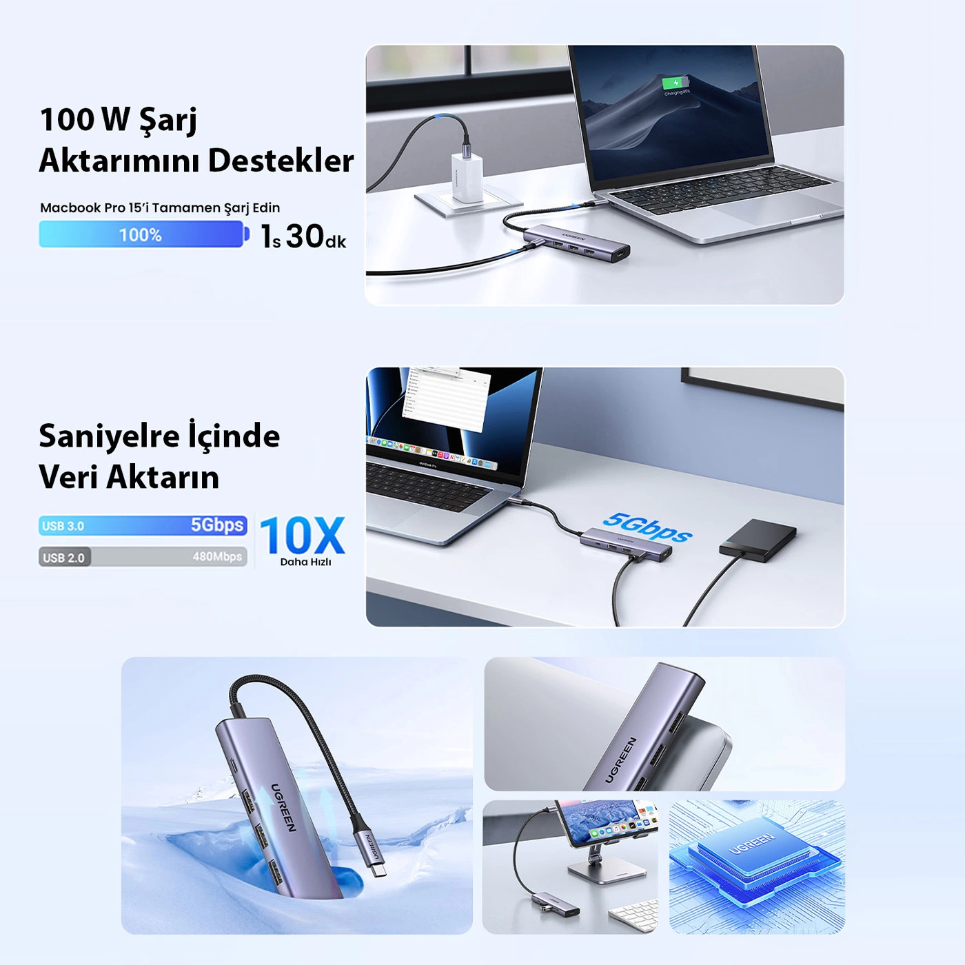 Çoklu bağlantı noktalarına sahip bir hub ve şarj olan bir dizüstü bilgisayarın tanıtım görseli.