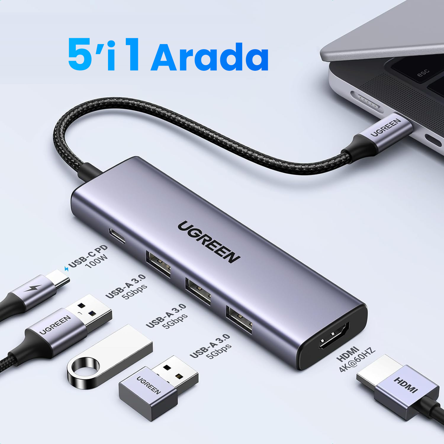 Gümüş UGREEN hub, çeşitli USB bağlantı noktaları ve konnektörleri, bir USB-C bağlantı noktası dahil.