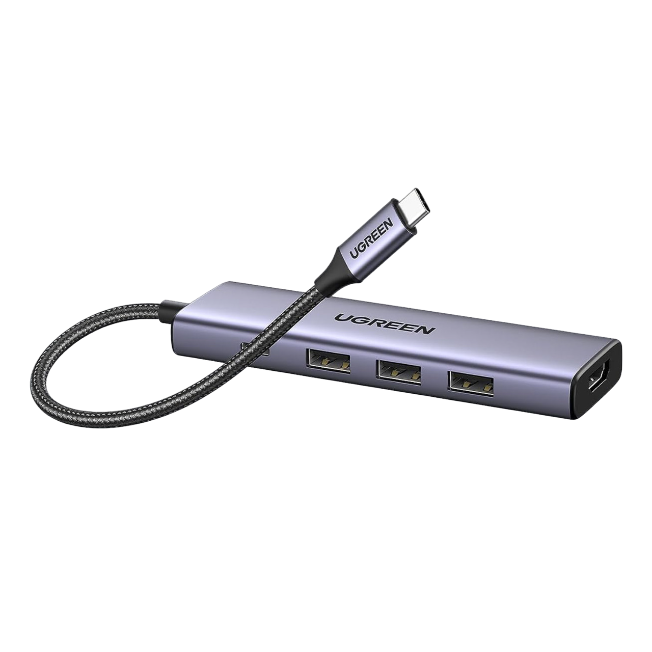 Üç USB bağlantı noktalı Ugreen USB-C hub'ı. Bir USB-C kablosu takılı.