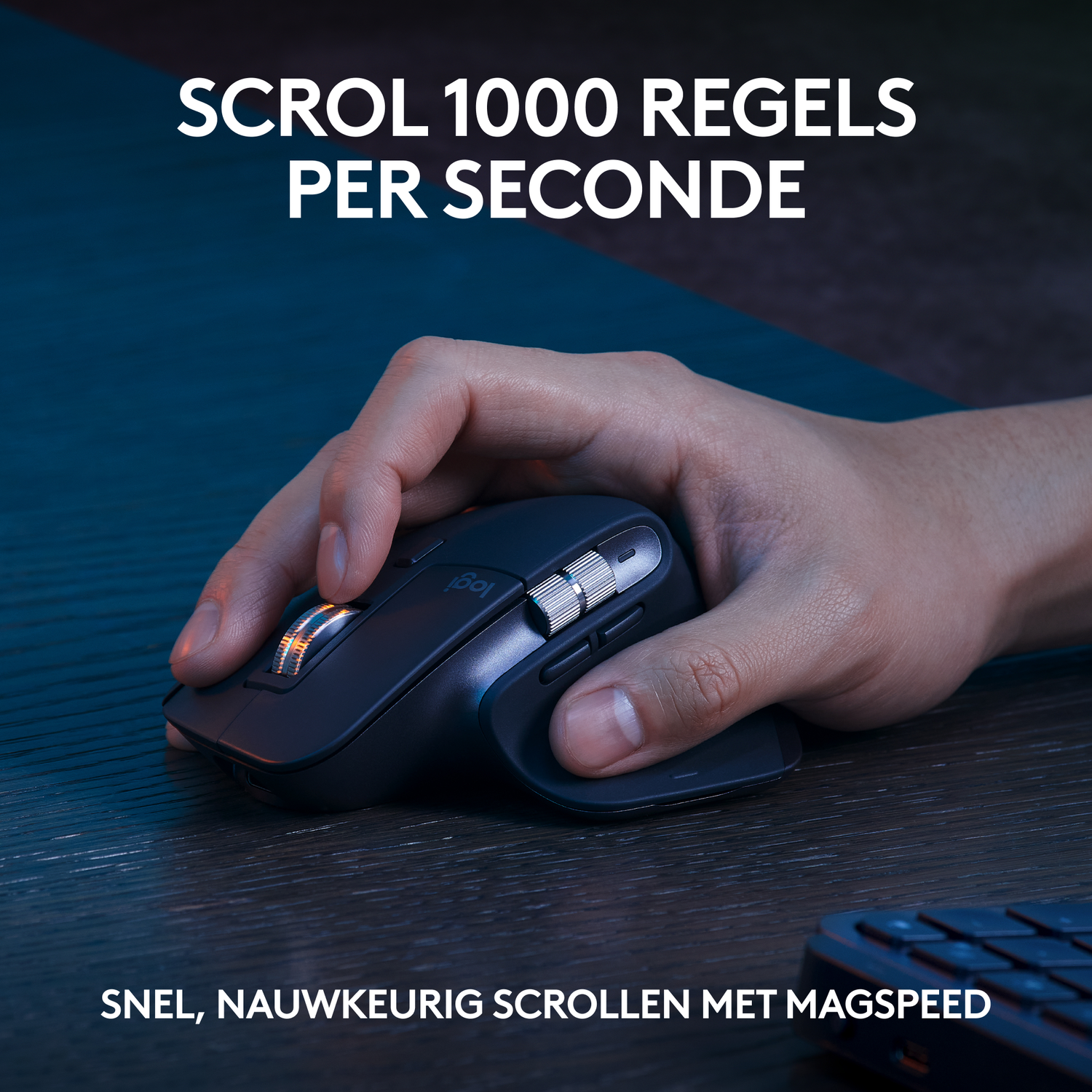 Person's hand on a black ergonomic mouse, scrolling with MagSpeed.