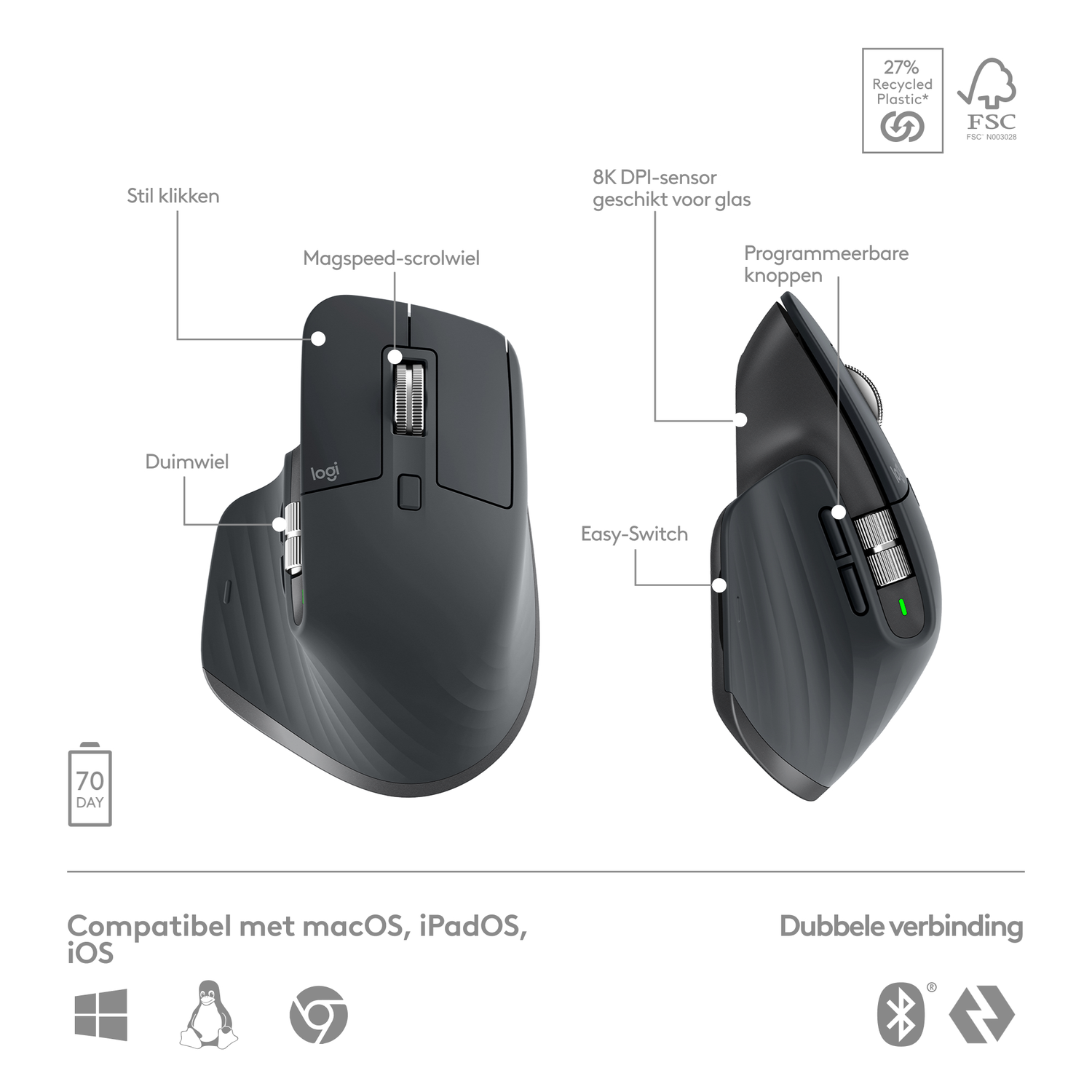 Black computer mouse with buttons, scroll wheel, and logos. Text in Dutch is included.
