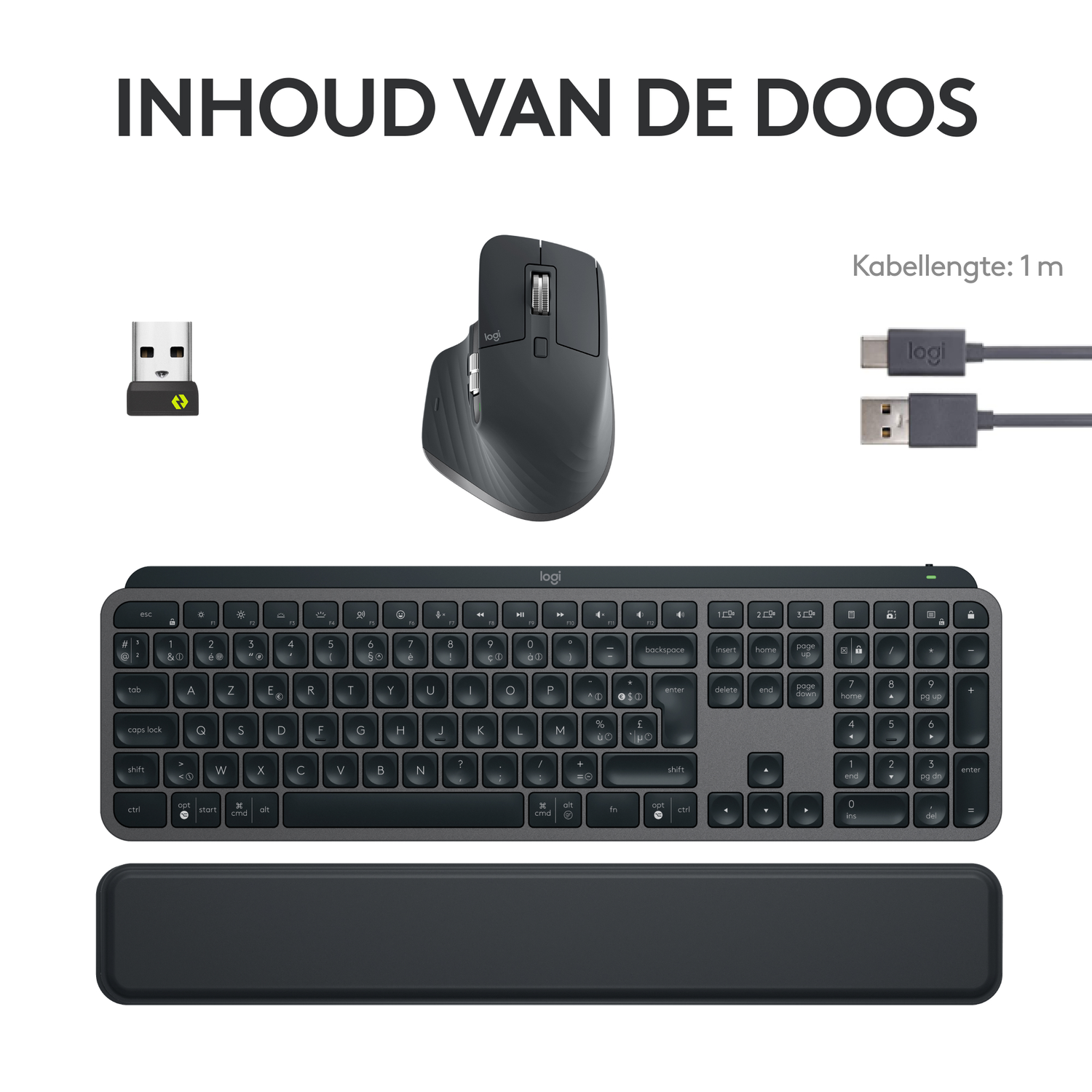 A keyboard, mouse, USB receiver, and charging cable are presented on a white background.