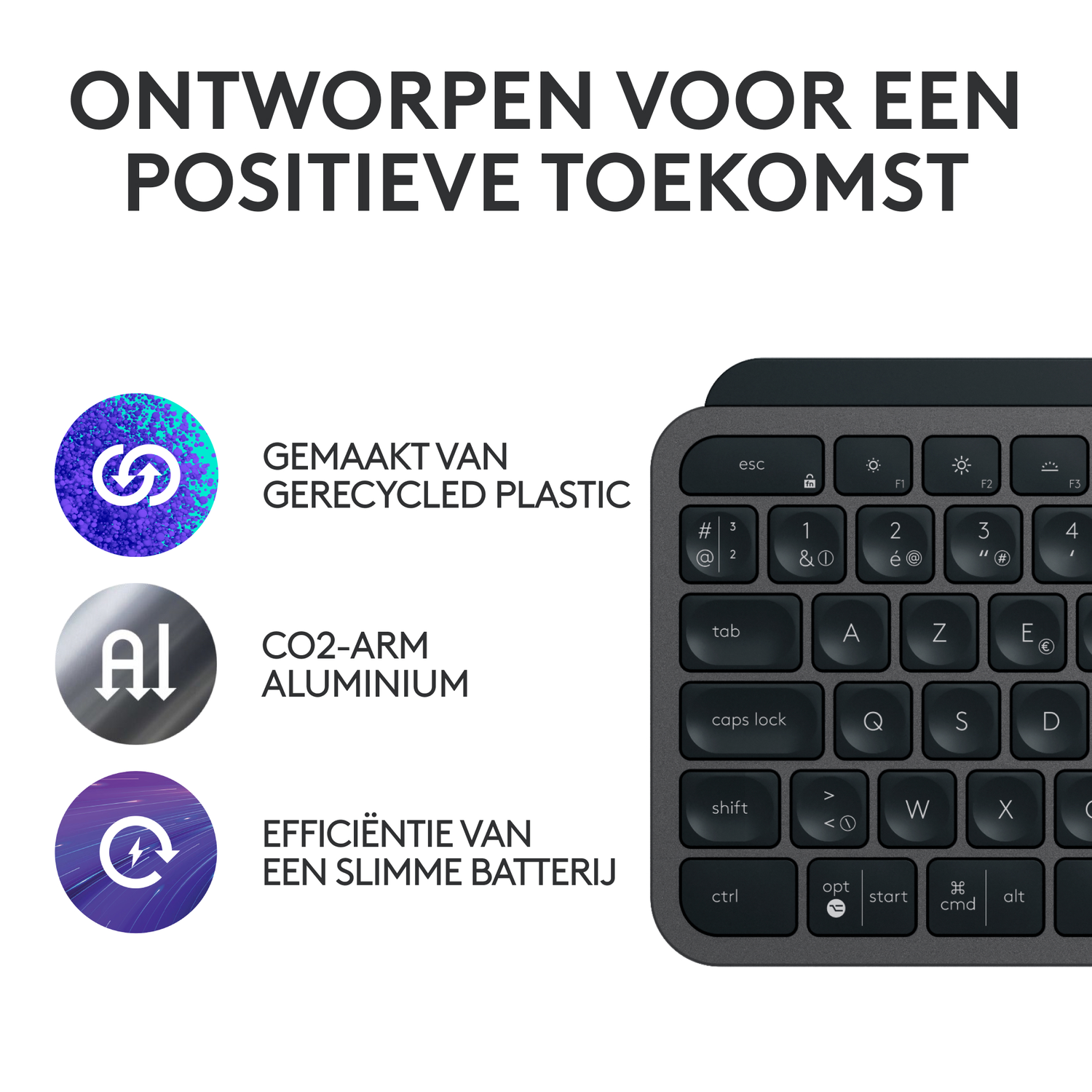 Close-up of a keyboard with text about recycled plastic, aluminum, and a smart battery.
