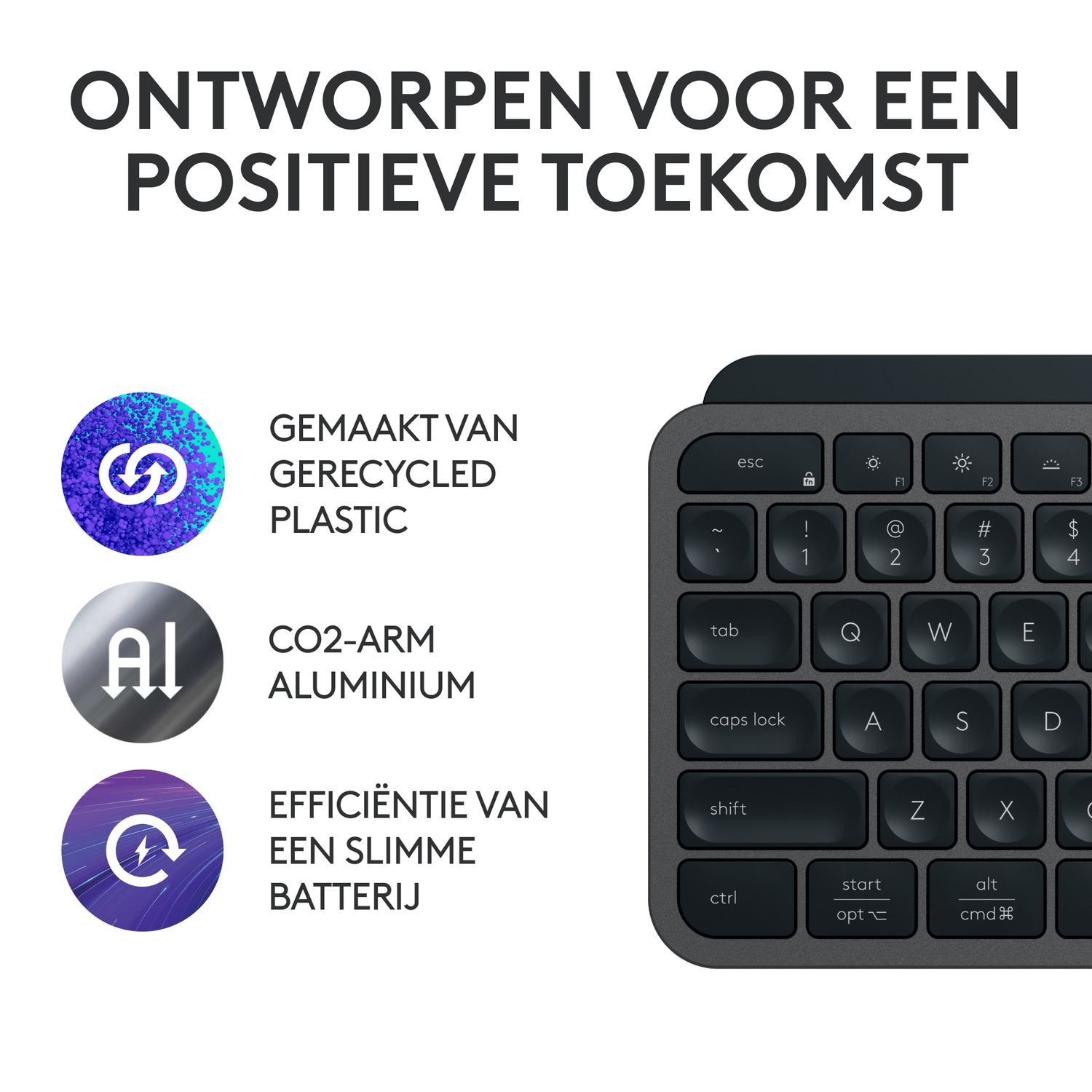 Close-up of a keyboard with the text 'Made from recycled plastic', 'CO2-ARM aluminium' and 'Smart battery'.