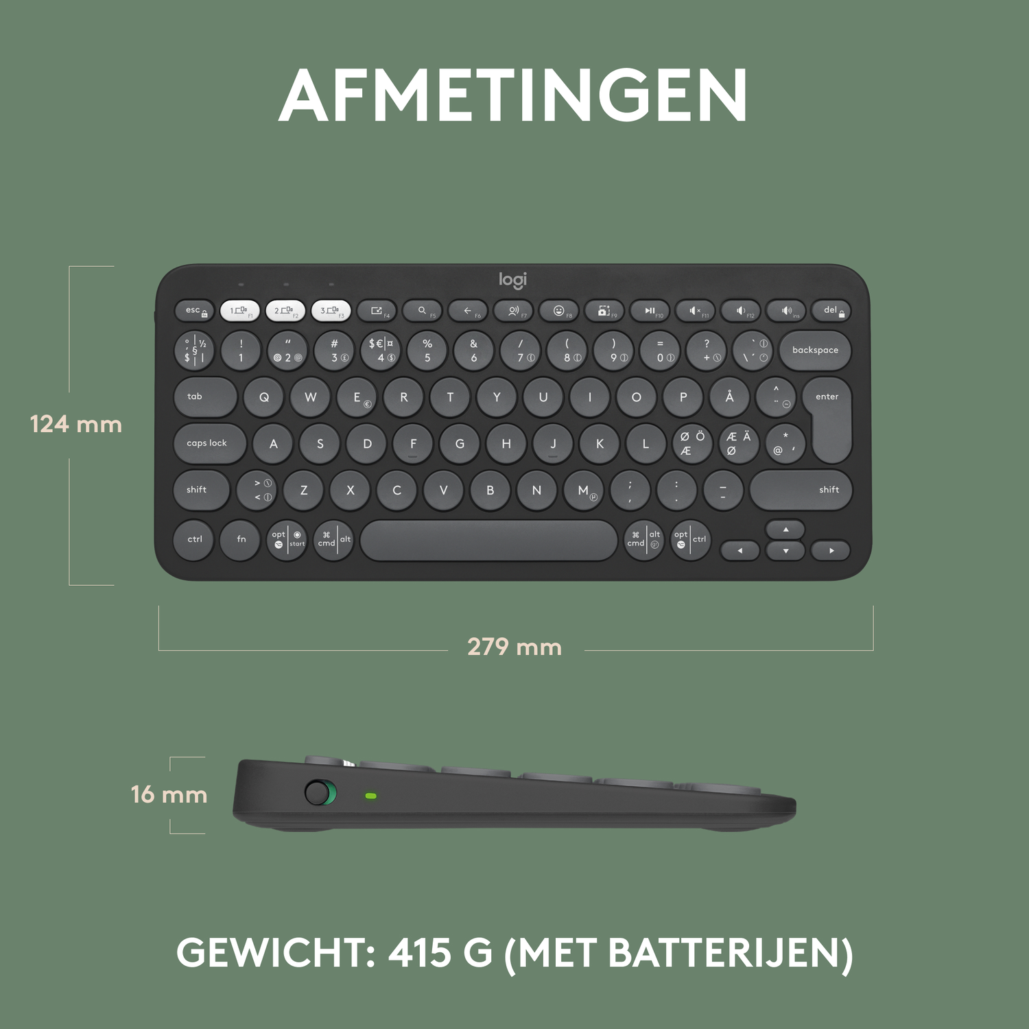 Een zwart toetsenbord met afmetingen: 124 mm hoog, 279 mm breed en 16 mm dik, met gewicht.