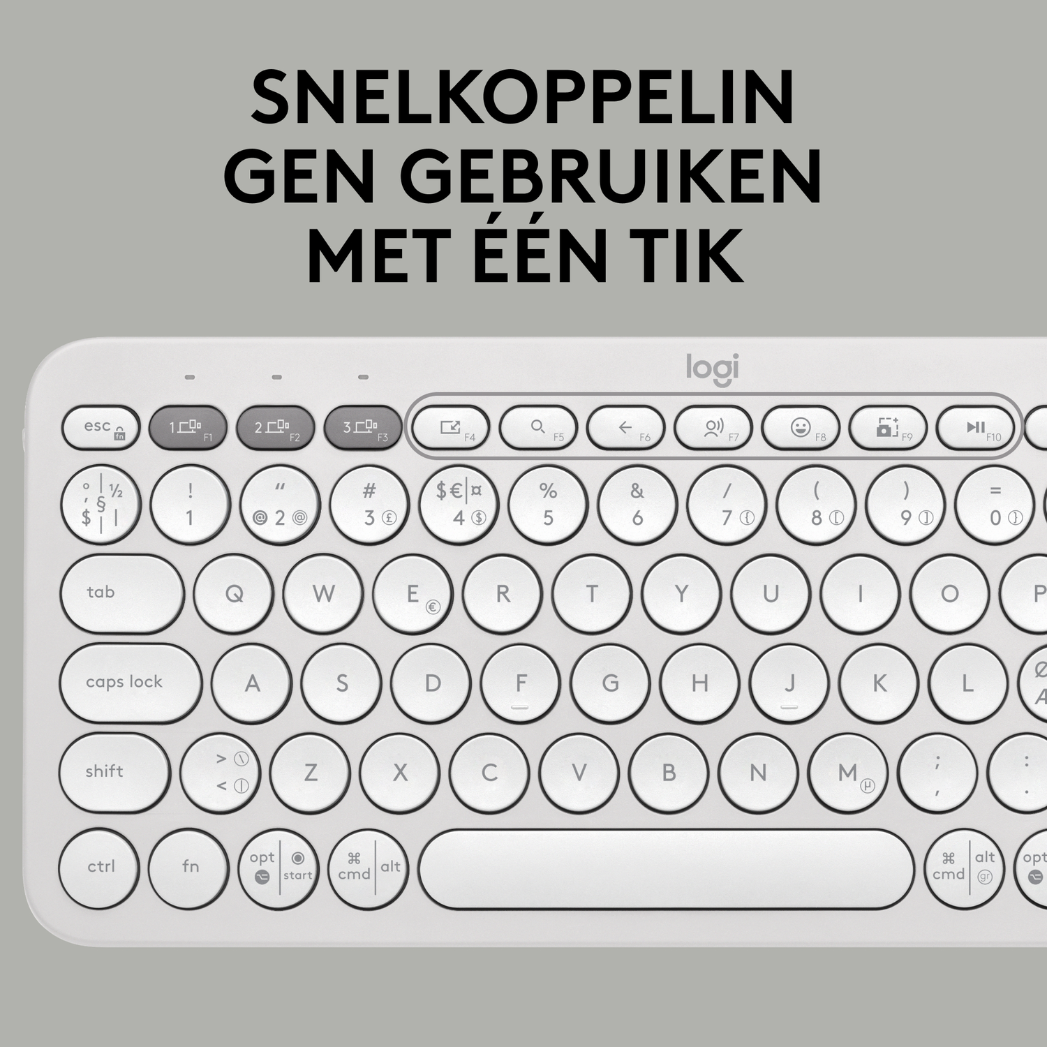 Een close-up van een wit toetsenbord met ronde toetsen. Tekst bovenaan: 'SNELKOPPELINGEN GEBRUIKEN MET ÉÉN TIK'.