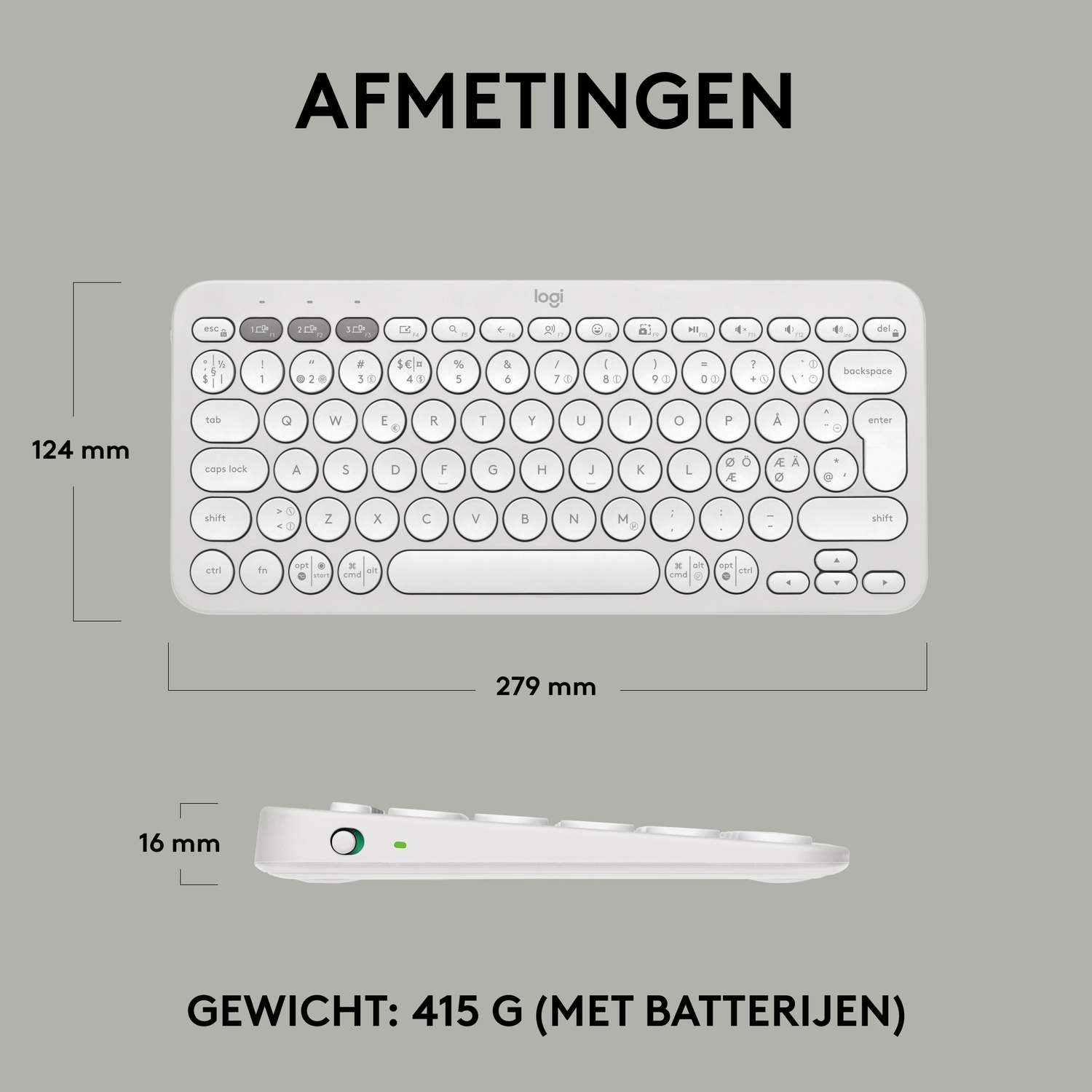 Een wit toetsenbord met afmetingen in mm. Het heeft een wit frame en zwarte toetsen. Afmetingen worden getoond.