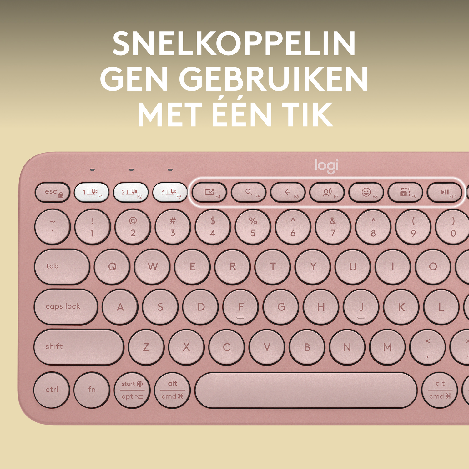 Een roze Logitech-toetsenbord, bovenaanzicht, met de toetsen zichtbaar.