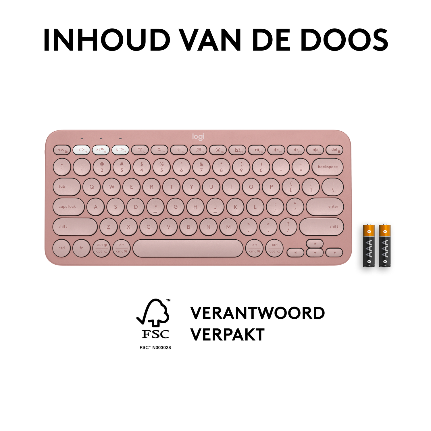 Roze toetsenbord met witte toetsen, twee AAA batterijen.