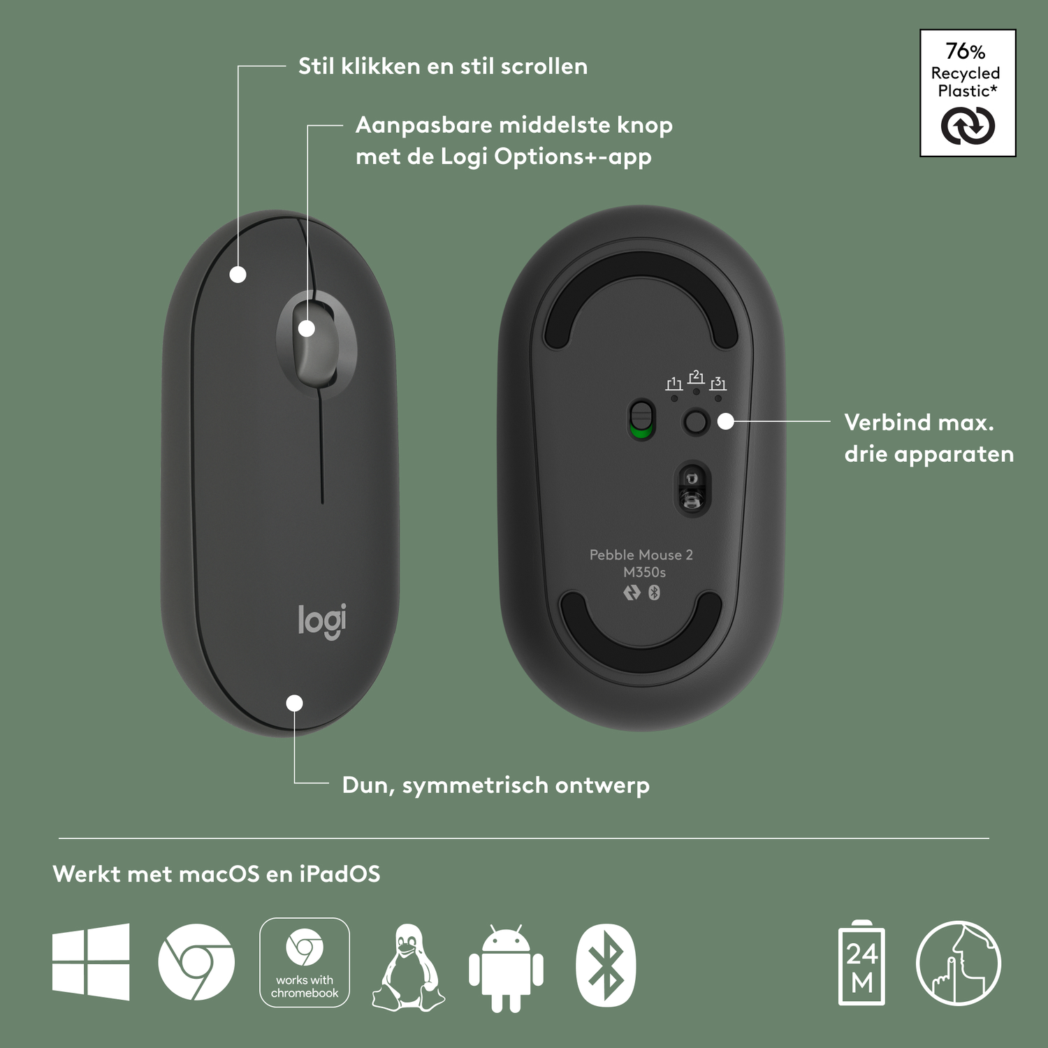 Black mouse with white buttons and a scroll wheel. The bottom shows the device info.