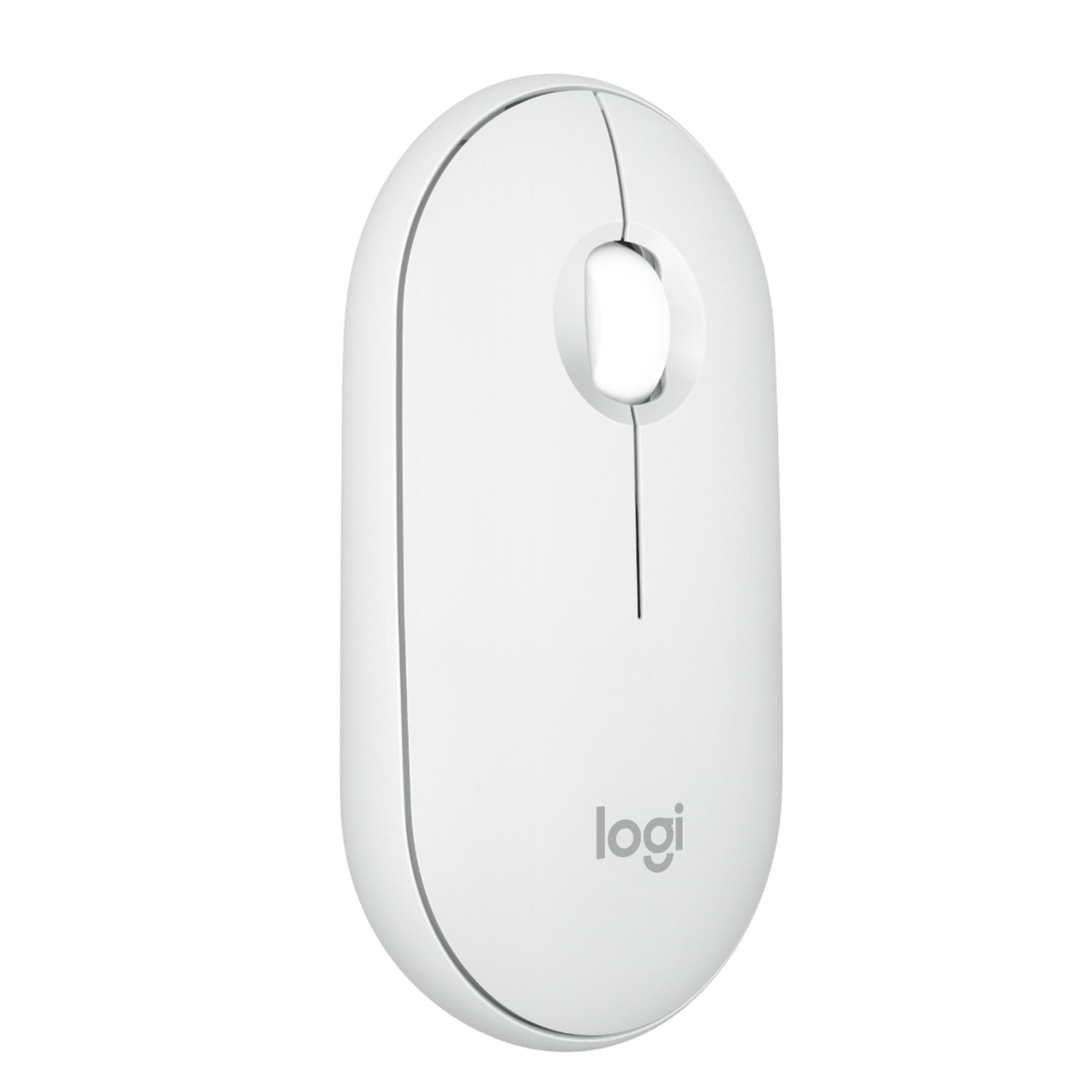 White Logitech mouse, oval shape. White scroll wheel and button. Black background.