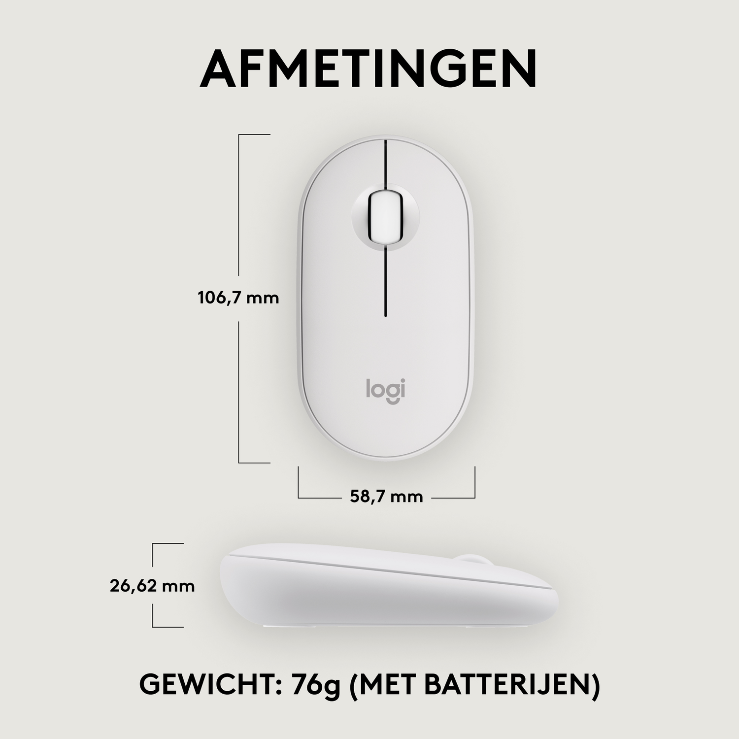White mouse with dimensions and the logo.