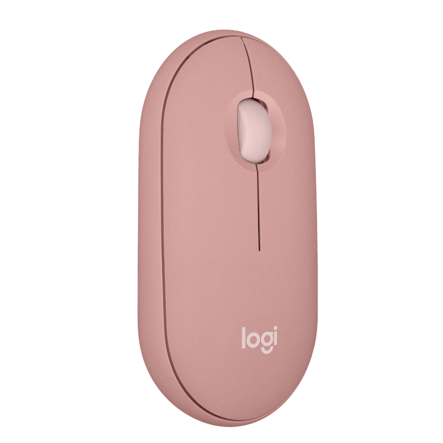 Roze computermuis. Ovaalvormig met scrollwiel en de merknaam 'logi' erop.