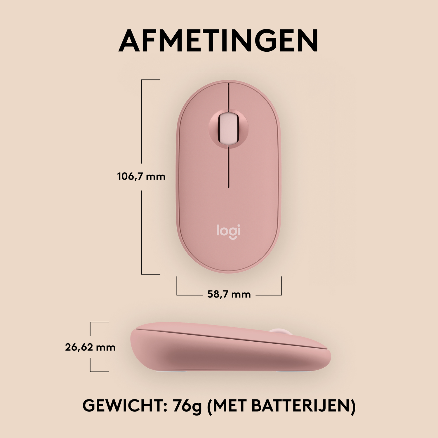 Een roze draadloze muis met afmetingen op een lichtroze oppervlak.