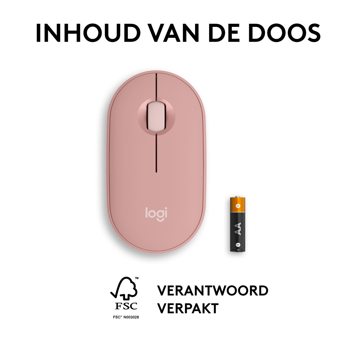 Roze muis met een batterij en een logo. De doos zegt 'verantwoorde verpakking'.