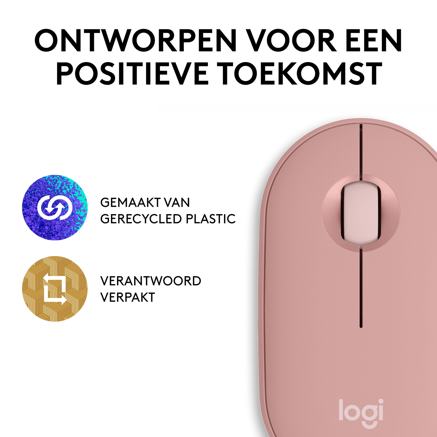 Een roze muis en twee iconen met tekst: Gemaakt van recycled plastic, Verantwoord verpakt.