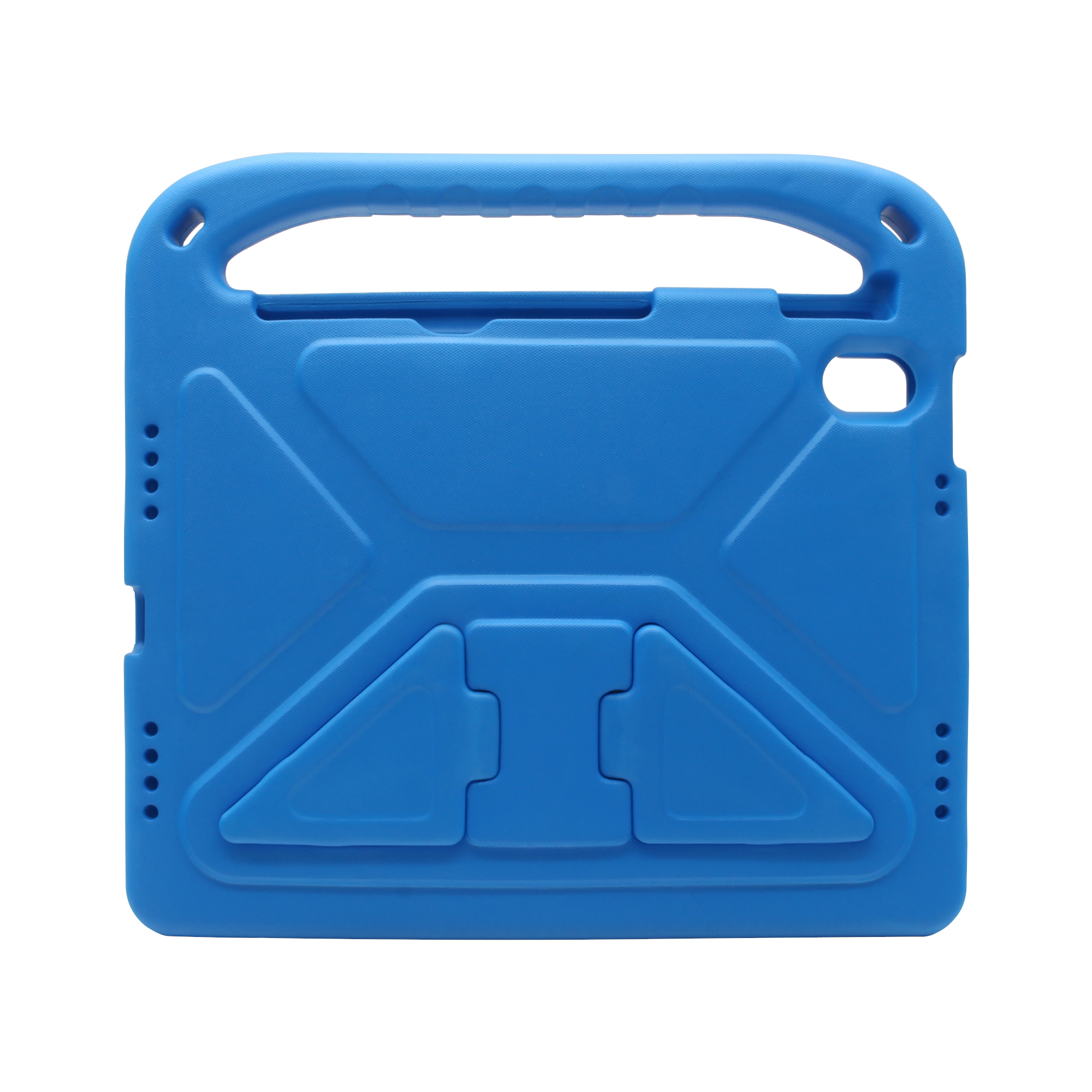 Blauer Tablet-Schutz für Kinder mit Griff auf weißem Hintergrund. Es hat einen Griff und geometrische Muster.