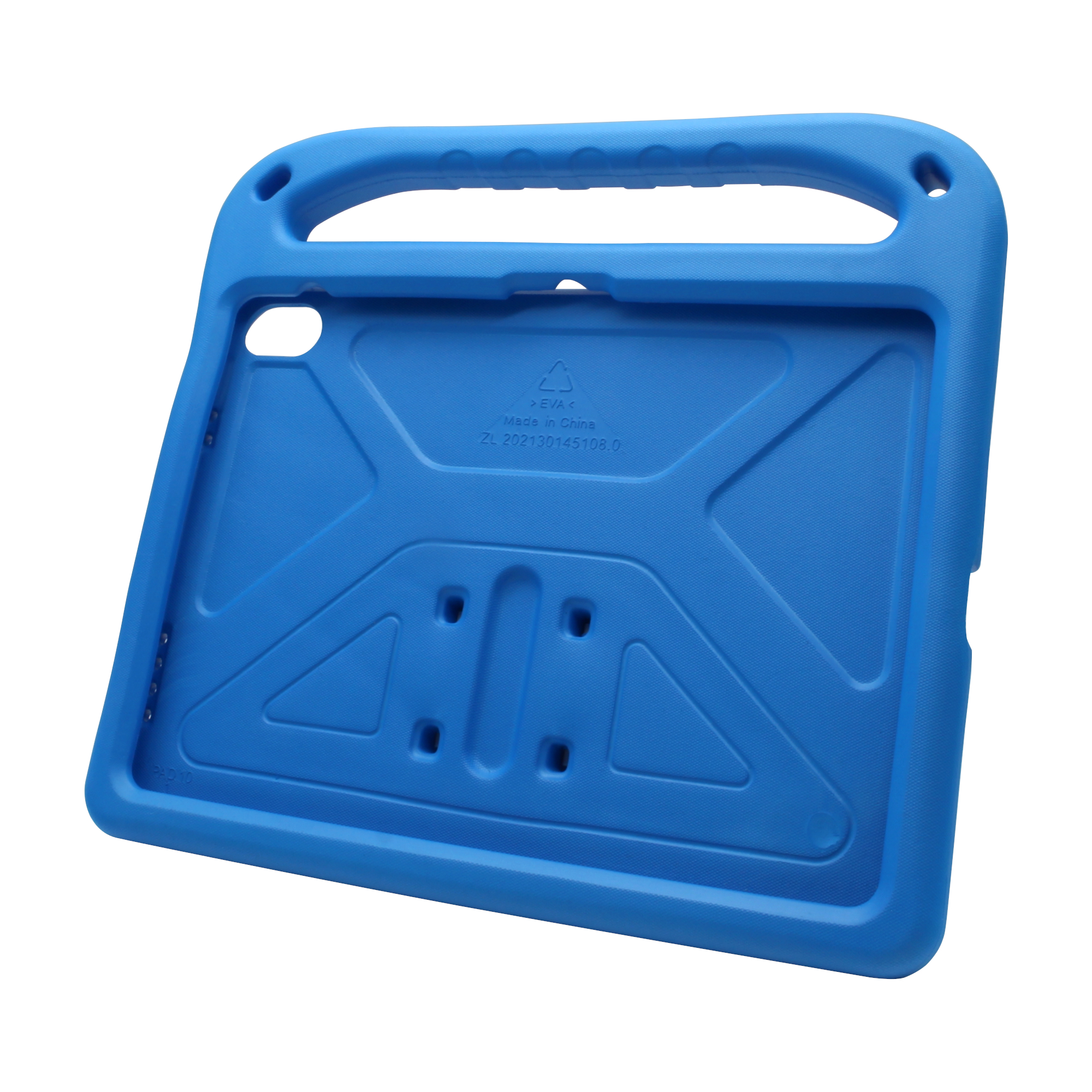 Eine blaue Tablethülle mit Griff und Löchern für Knöpfe.