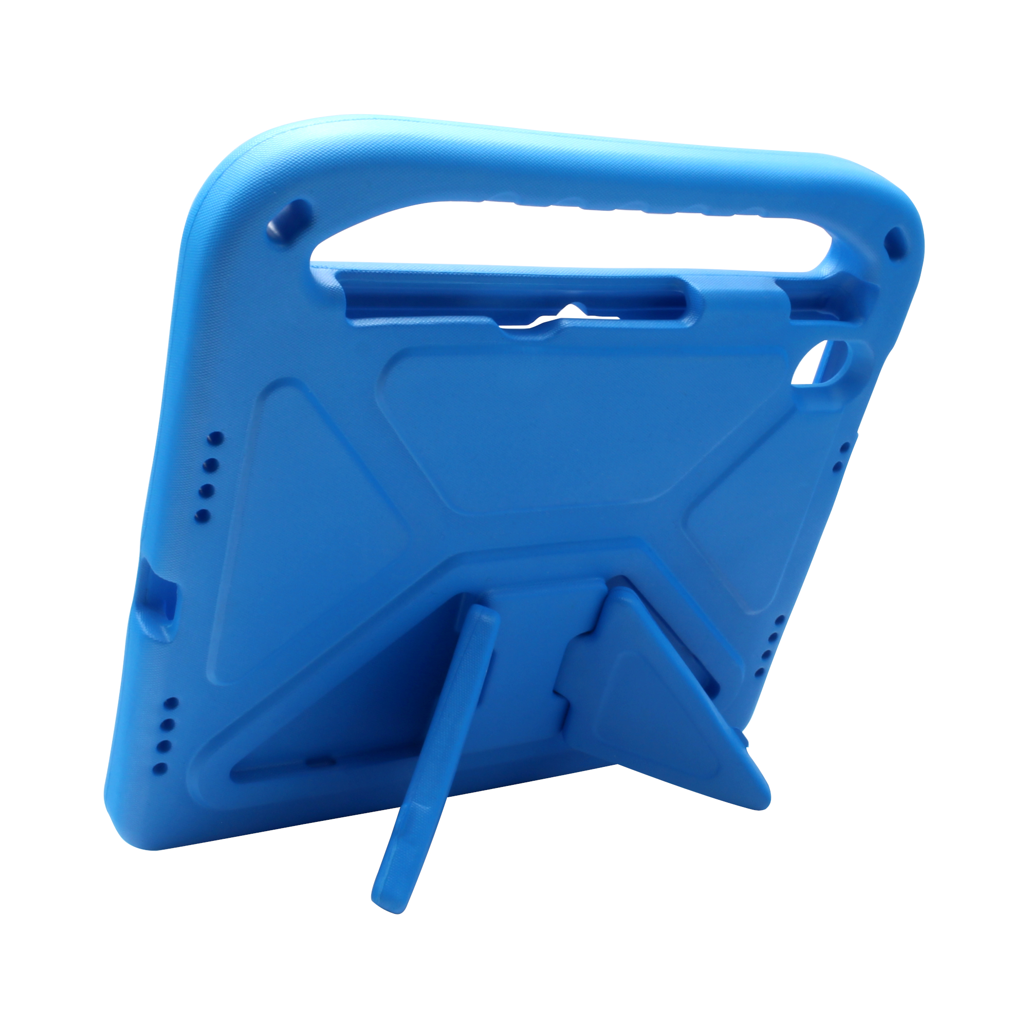 Blaue Tablet-Hülle mit Griff und Ständer, auf weißem Hintergrund.