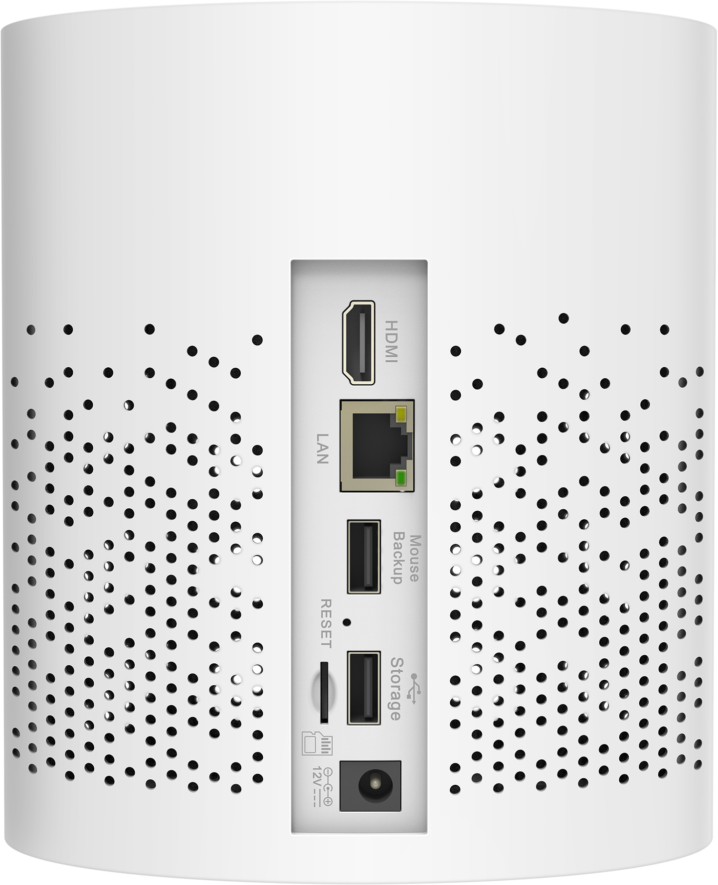 Egy fehér eszköz hátulnézete csatlakozókkal: HDMI, LAN, Reset, Tároló és tápellátás.