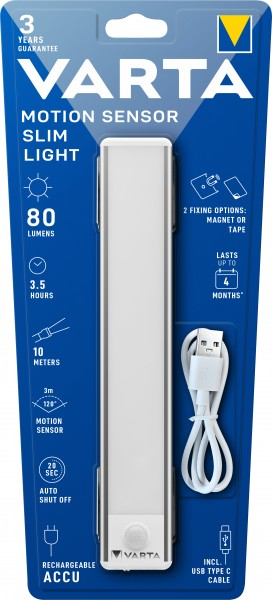 VARTA Motion Sensor Slim Light csomag. Fehér téglalap alakú lámpa fehér USB kábellel. Kék és fehér háttér.